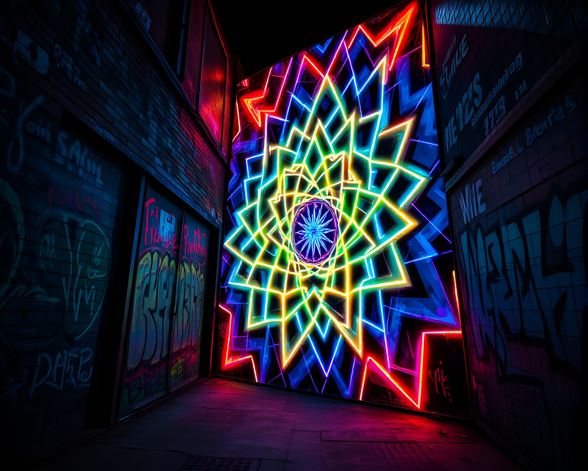 Glowing Fractal Geometry Mural in Dark Alleyway – free AI stock image