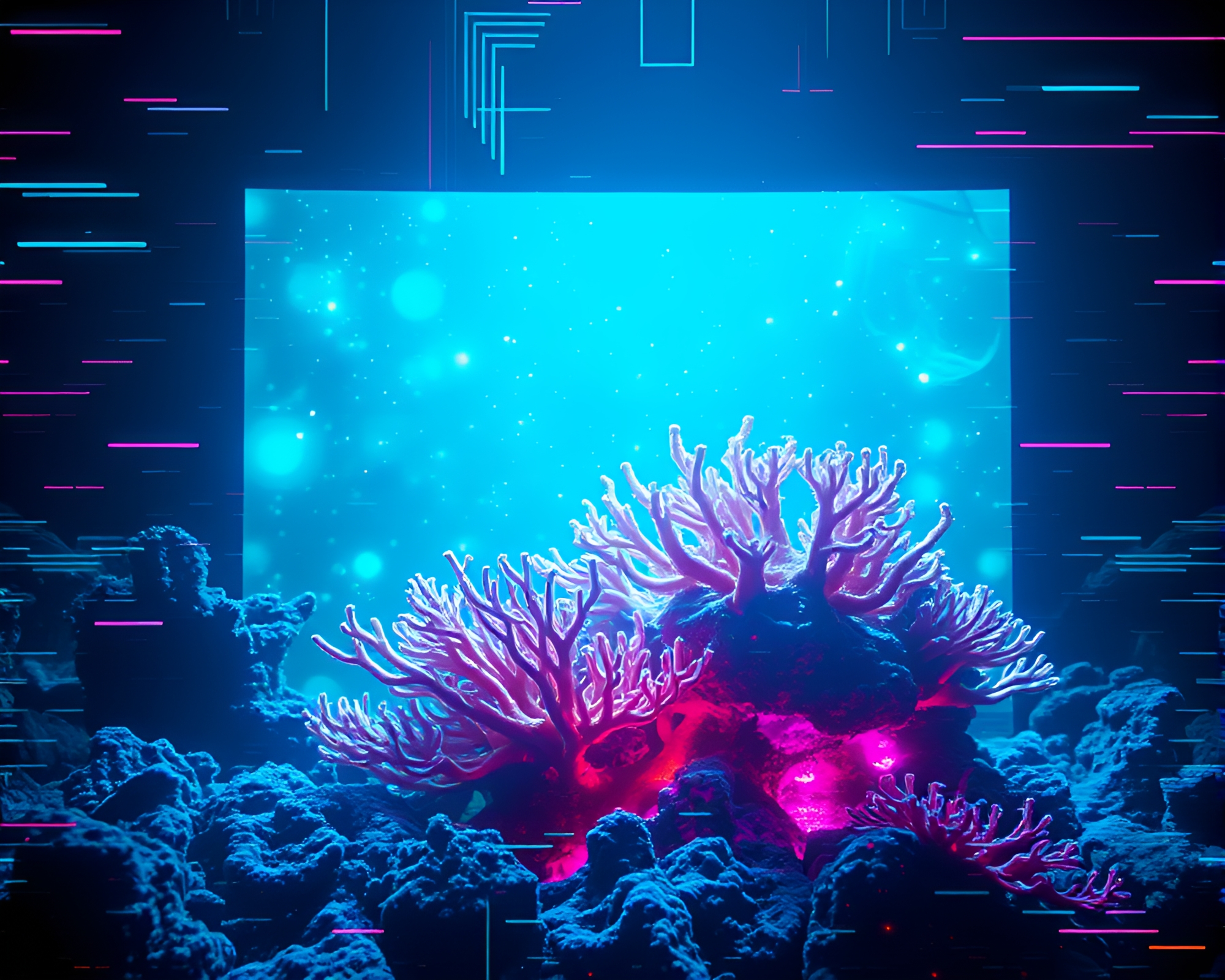 Enchanting Bioluminescent Coral Reef Glitch Art Scene – free AI stock image