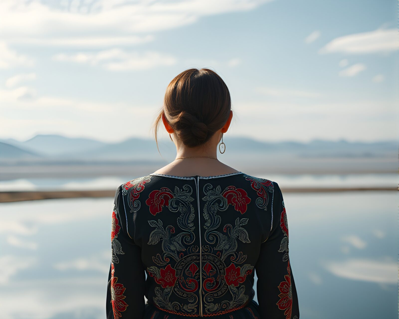 Figure in contemplative pose by mirrored landscape with intricate embroidery