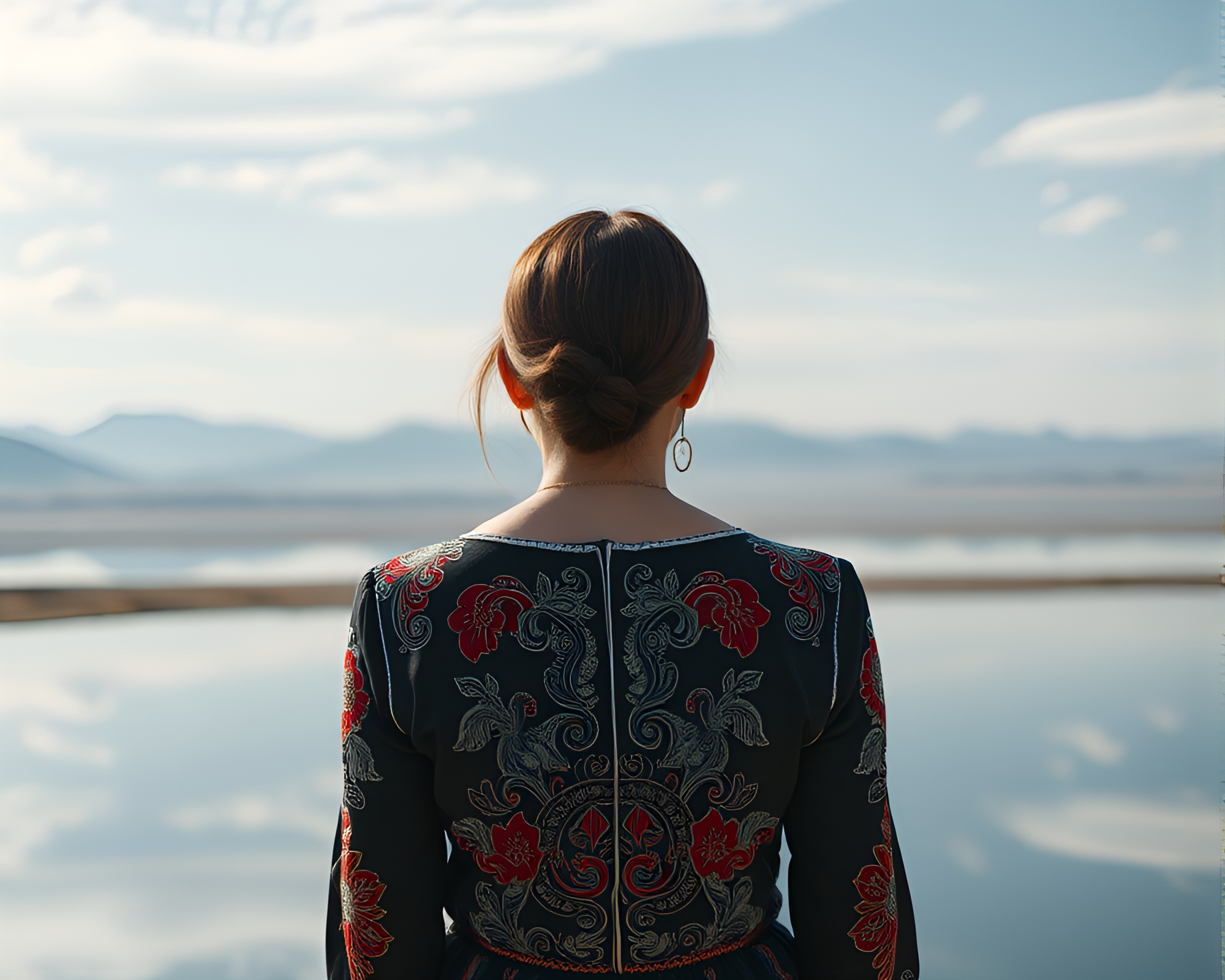 Contemplative figure gazes at mirrored horizon with embroidery detail – free AI stock image