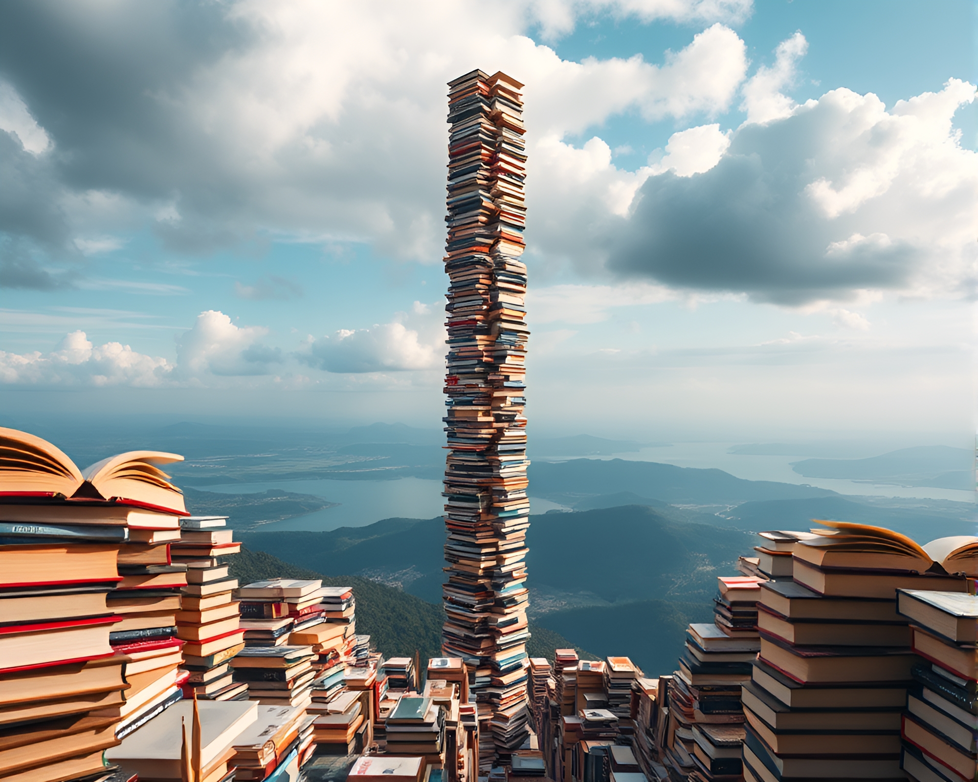 Suspended Books Form Towering Structure in Modern Art Piece – free AI stock image