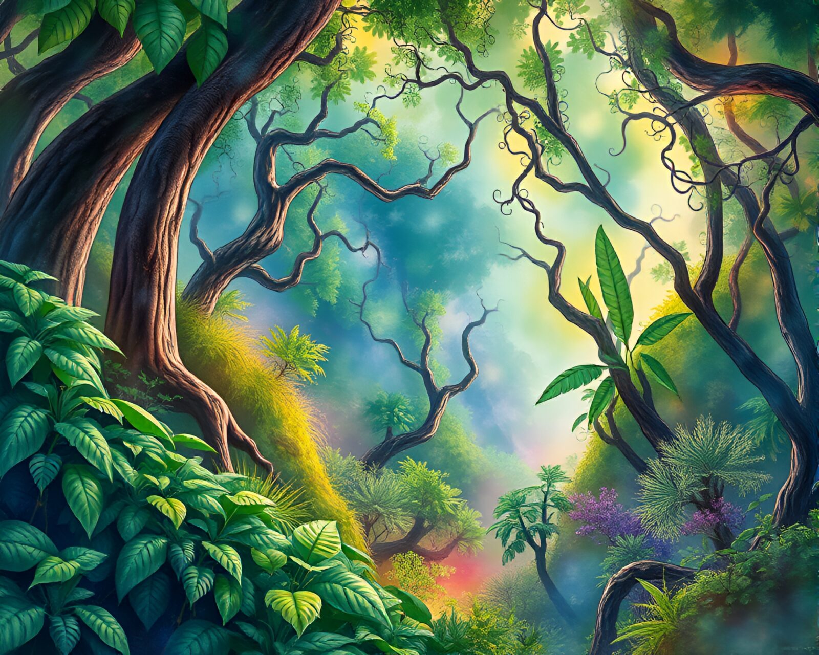Vibrant jungle meets intricate fractals in surreal watercolor