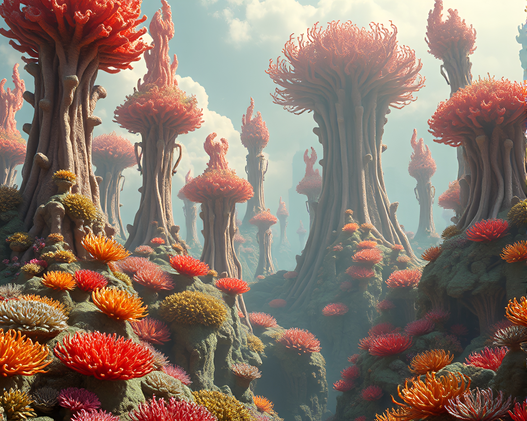 Vibrant Coral Towers in Surreal Alien Landscape – free AI stock image
