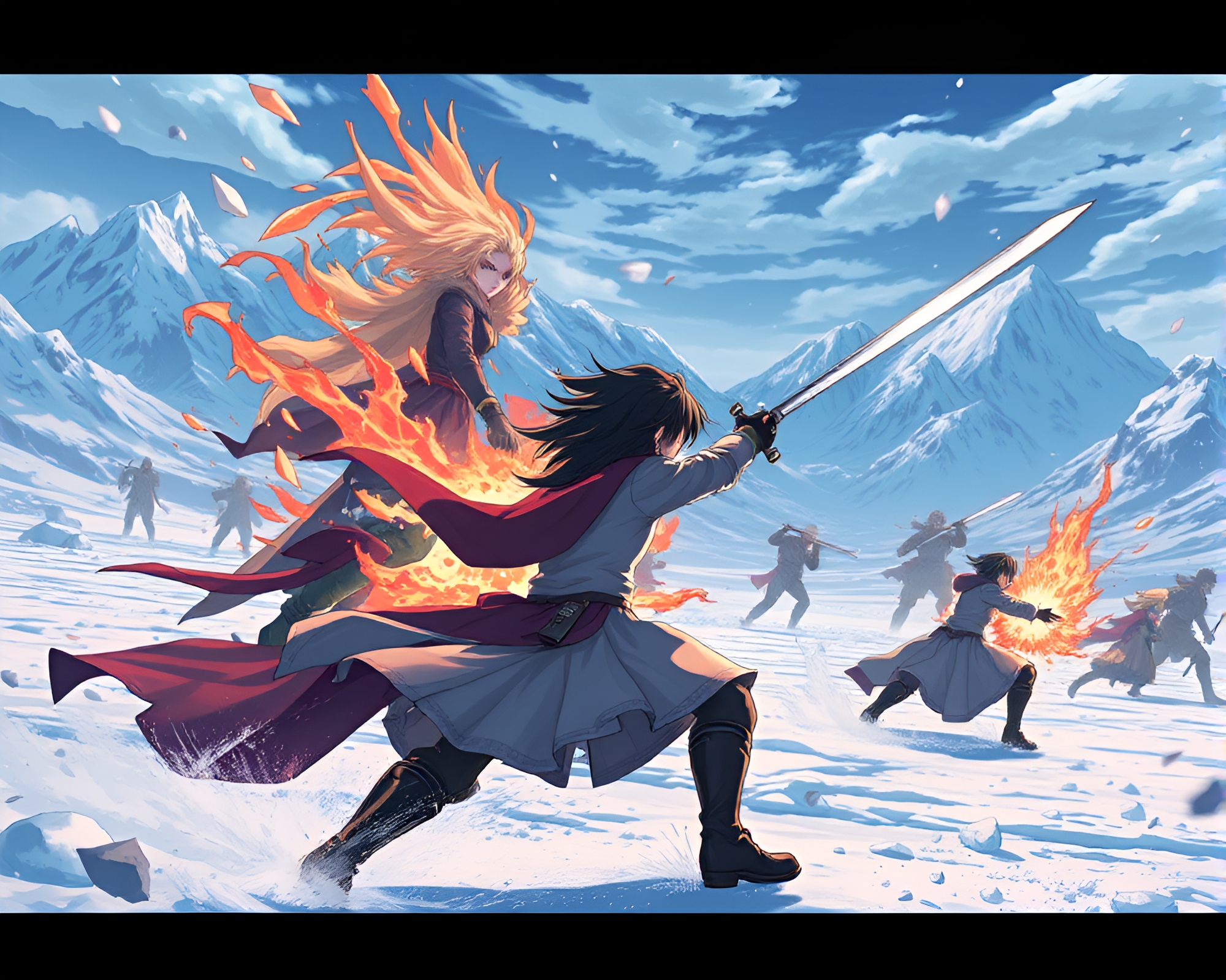 Epic Anime Battle on Glittering Frost Plains – free AI stock image