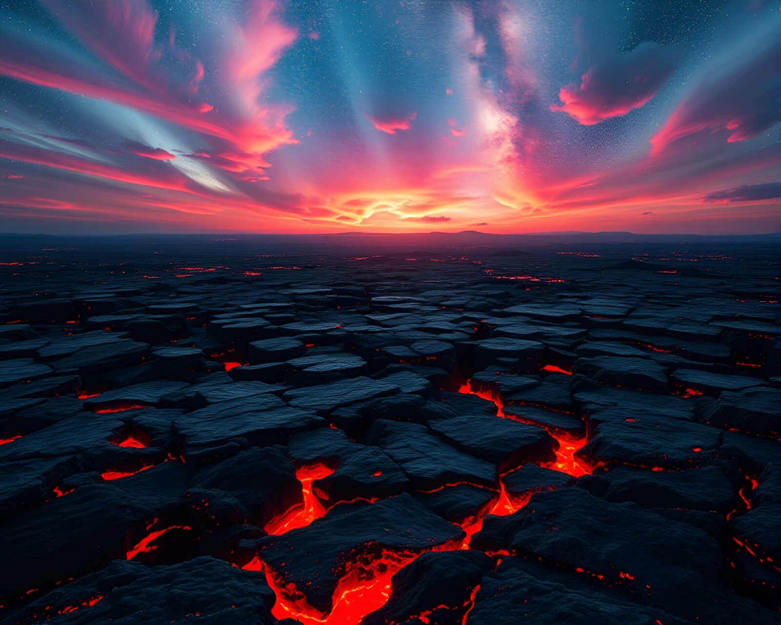 Surreal dreamlike landscape with fiery reds and shimmering blues