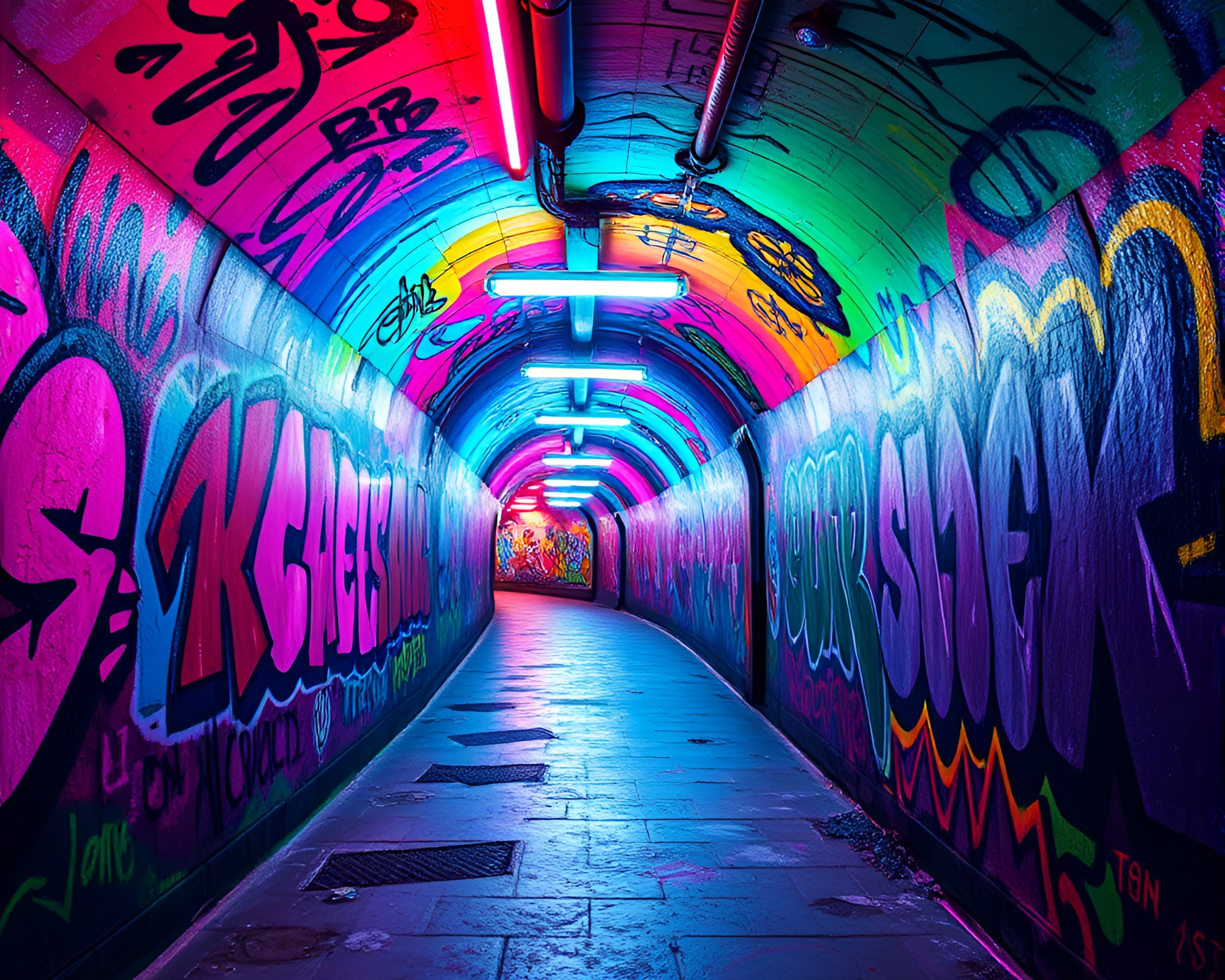Vibrant Neon Graffiti Tunnel Looming with Surreal Chaos – free AI stock image