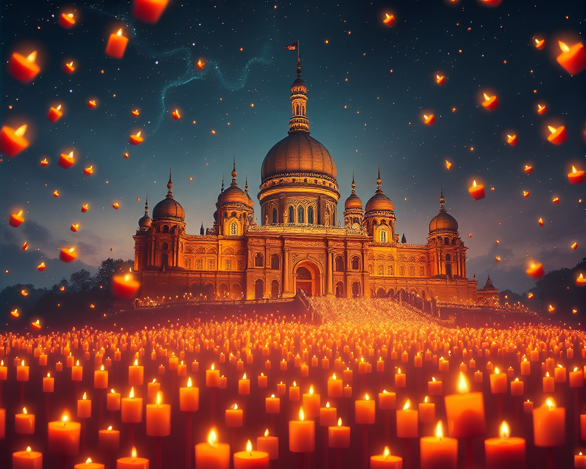 Ethereal Citadel Aglow with Floating Candles – free AI stock image