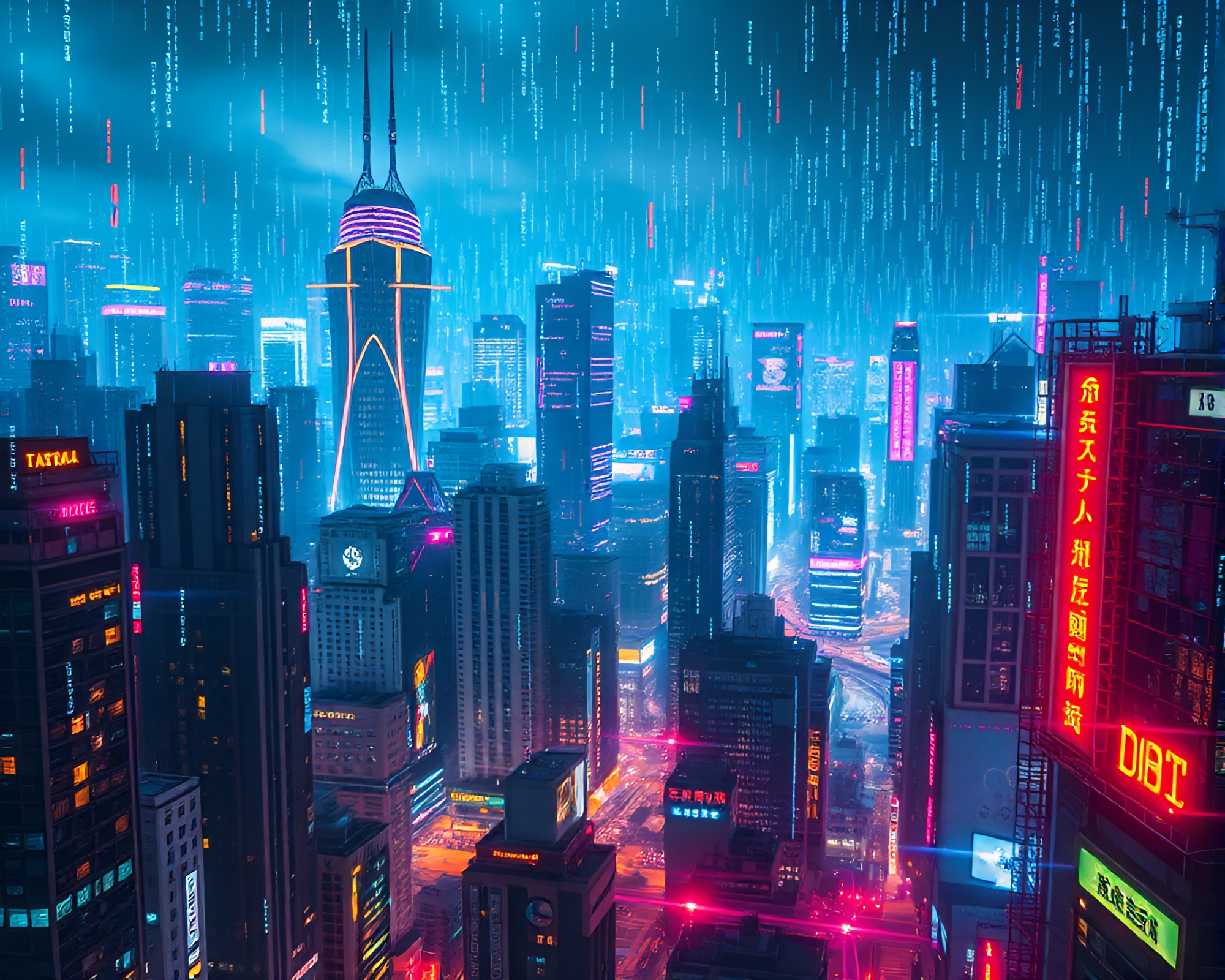 Neon-lit cityscape with cascading binary code – free AI stock image