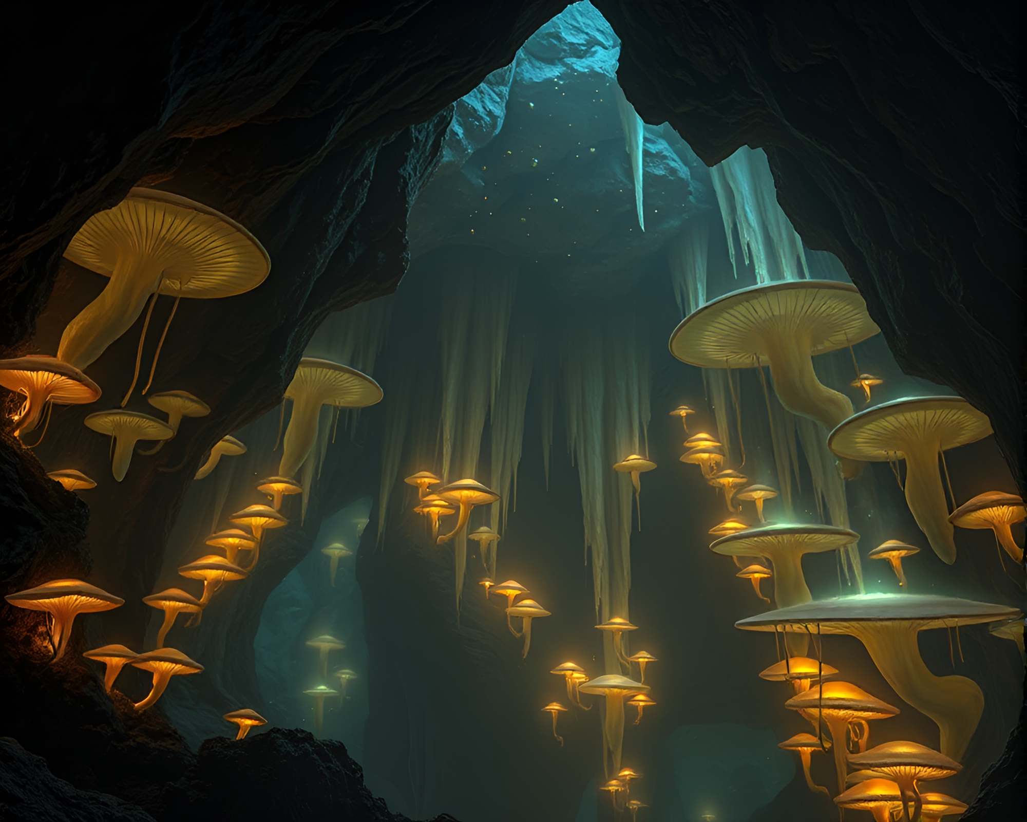 Ethereal Glow: Enchanted Cavern of Luminous Fungi – free AI stock image