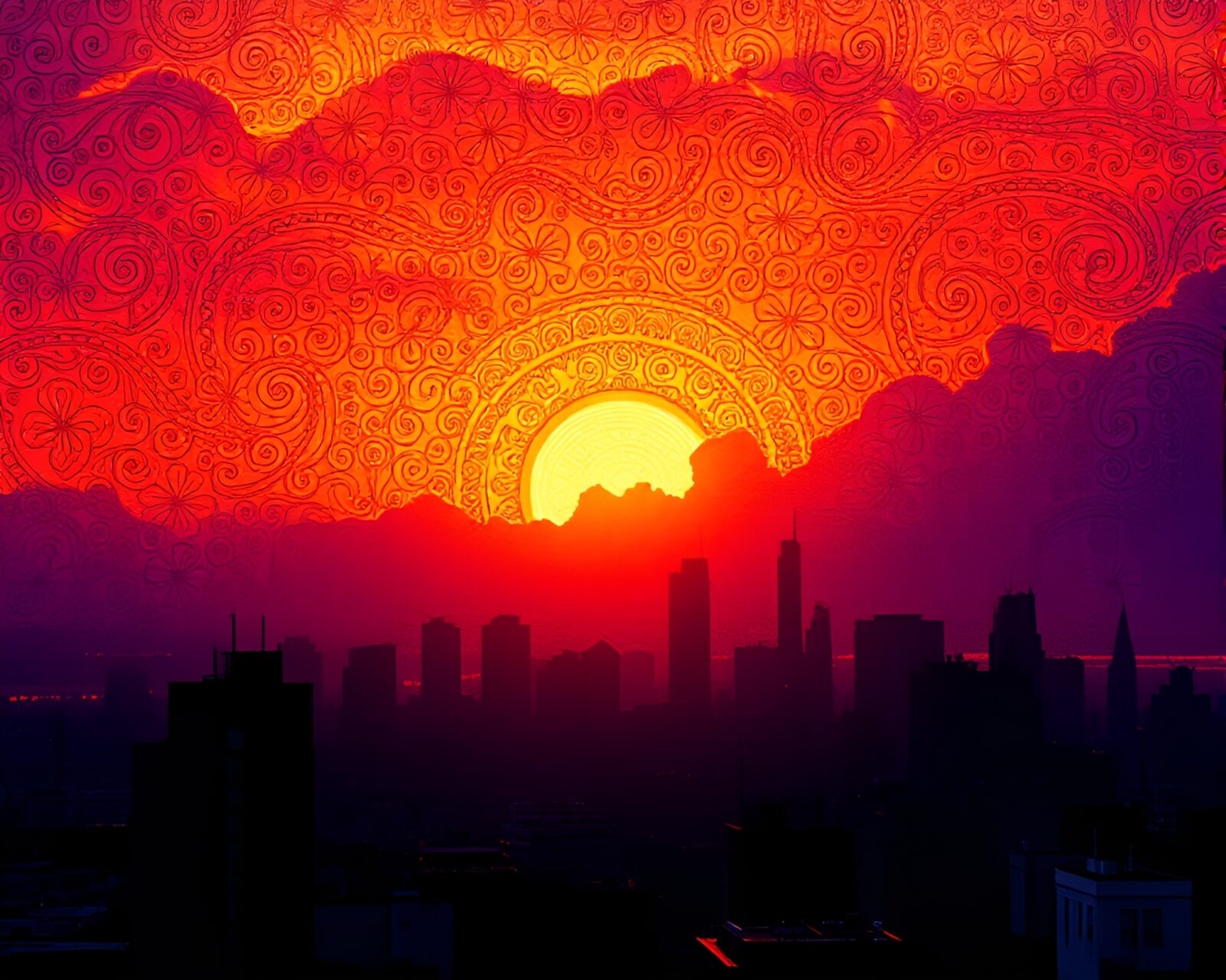 Mystical city skyline against embroidered sunset sky with vibrant colors