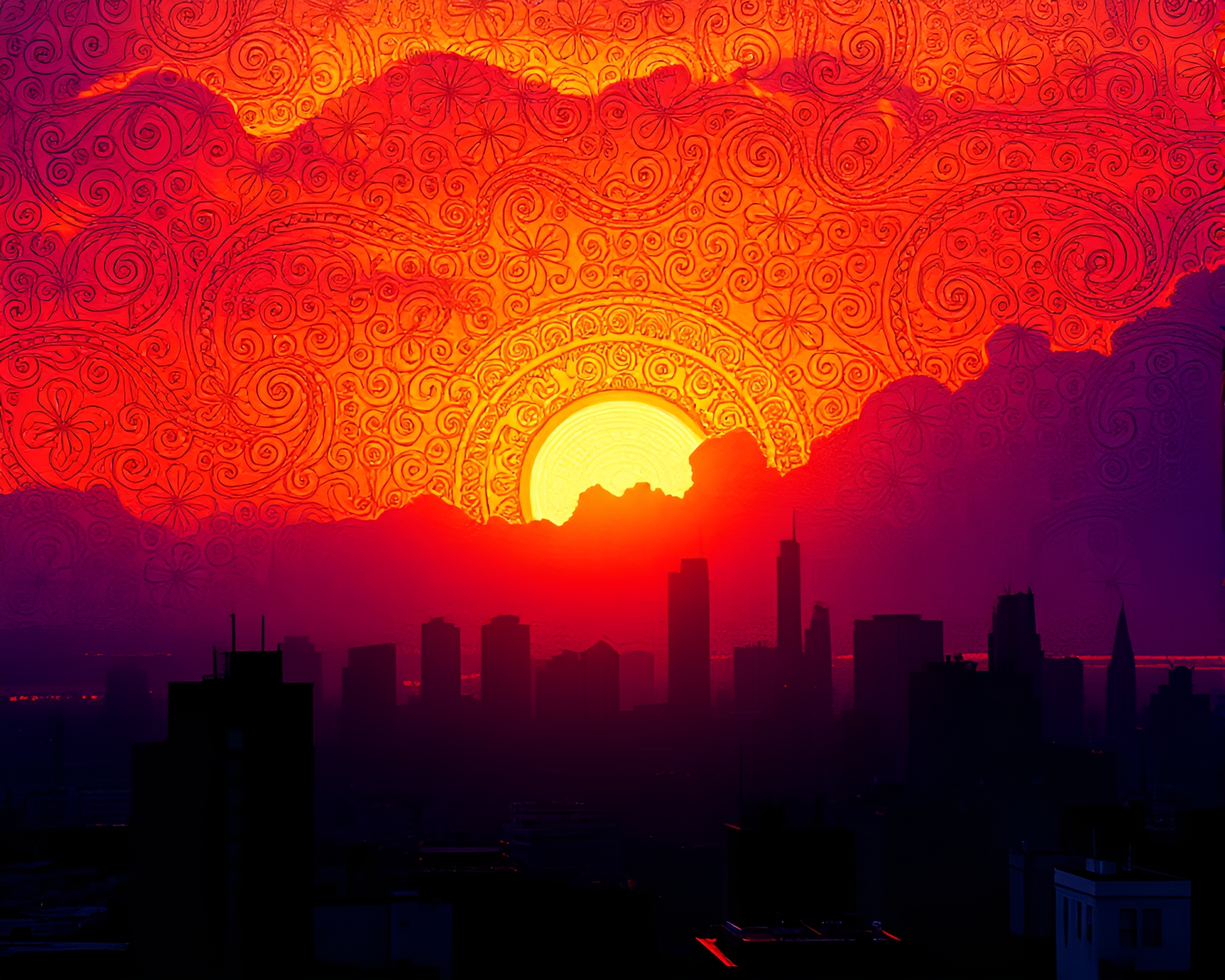 Ethereal Urban Skyline Embraced by Vibrant Sunset Patterns – free AI stock image