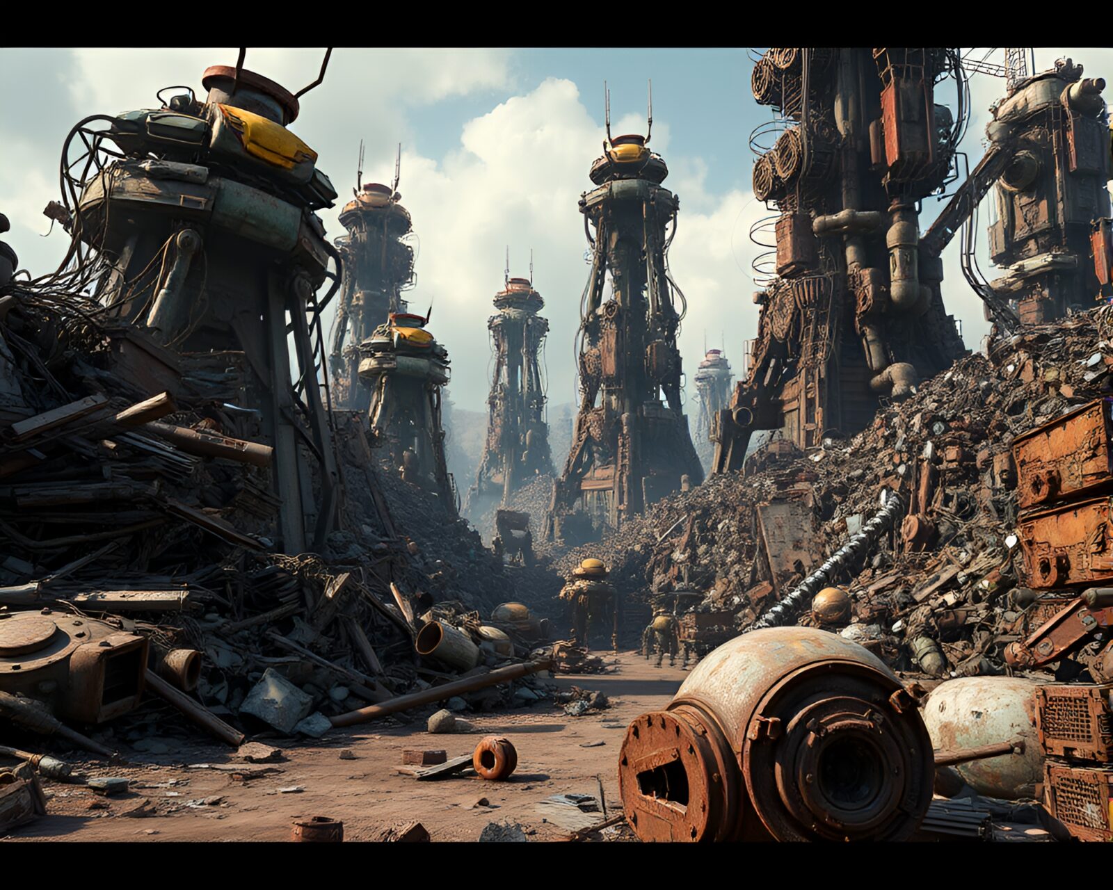 Rusted, twisted remains of broken machines in vast wasteland