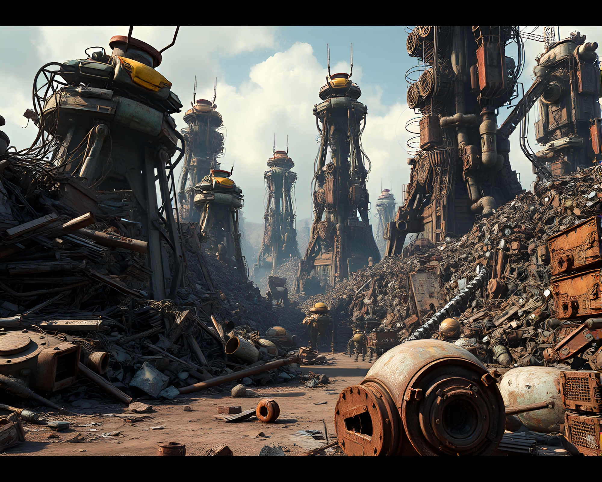 Desolate Dystopian Junkyard: Stark Wasteland of Ruined Robots – free AI stock image