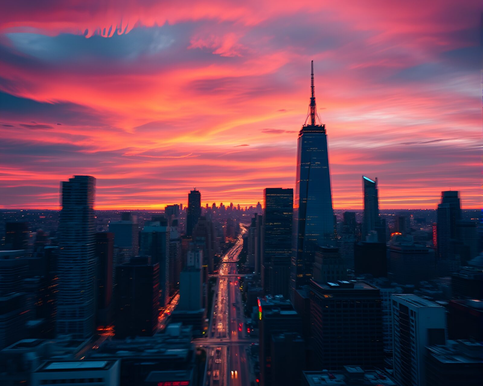Cityscape at dusk with streaks of vibrant colors