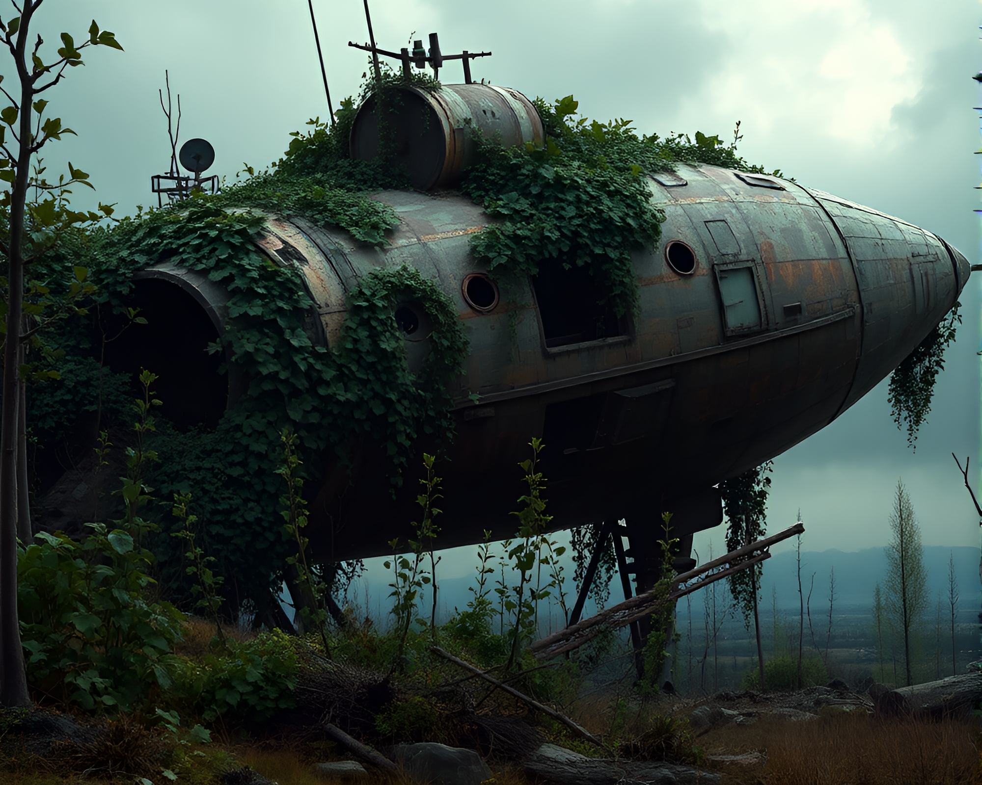 Abandoned Spaceship Reclaimed by Nature in Post-Apocalyptic Scene – free AI stock image
