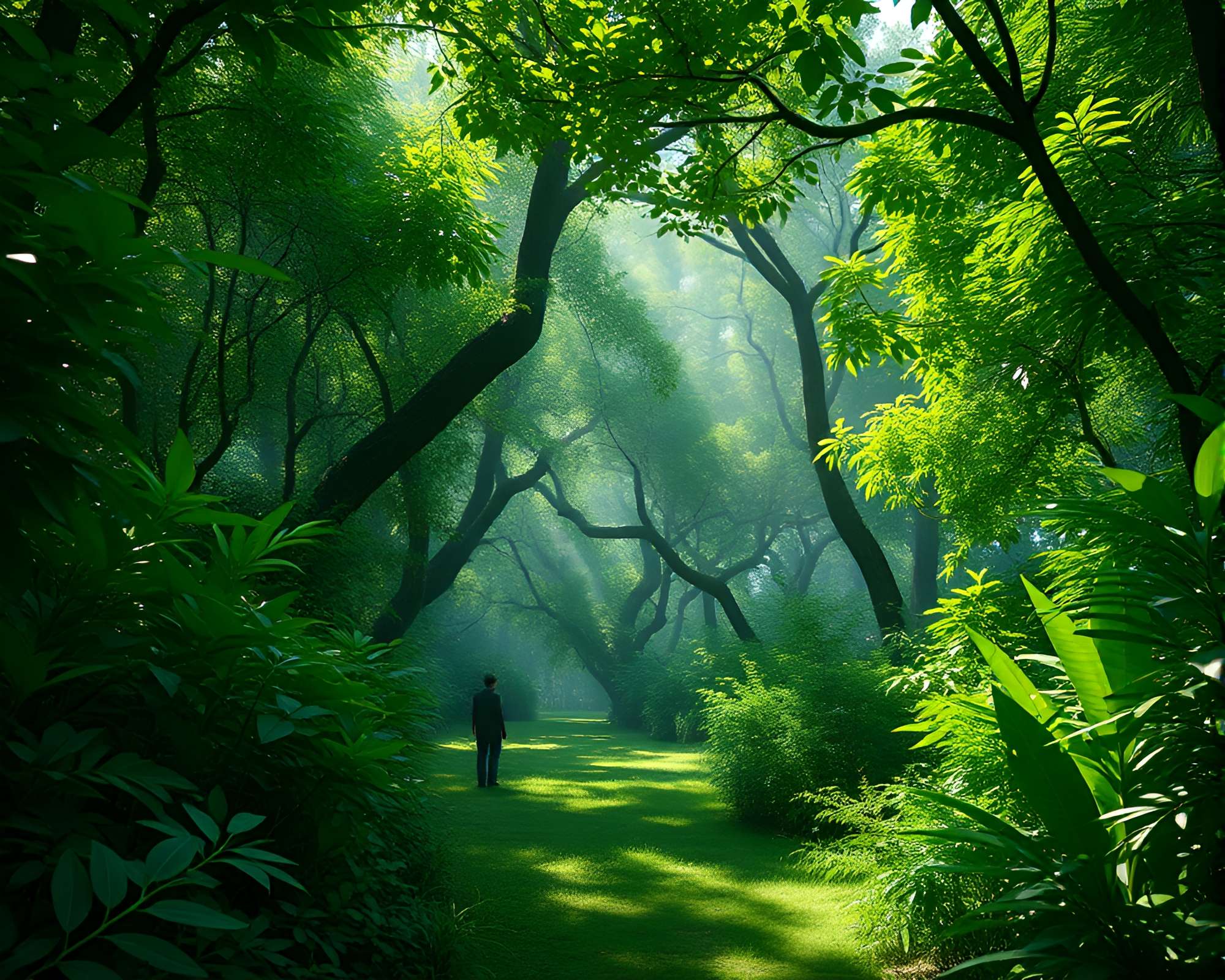 Lone Figure in Serene Emerald Canopy Glade – free AI stock image
