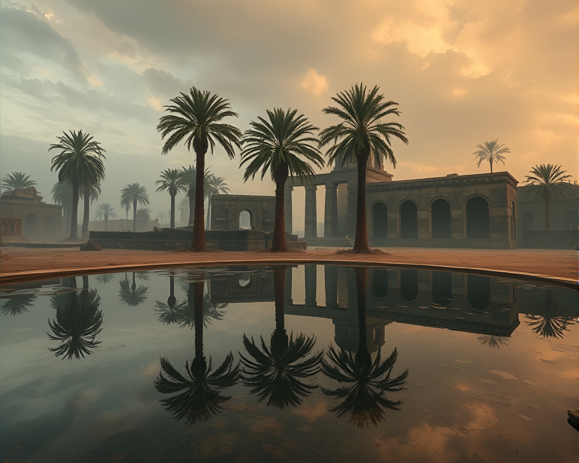 Ethereal Oasis: Haunting Reflections in Ancient Ruins – free AI stock image
