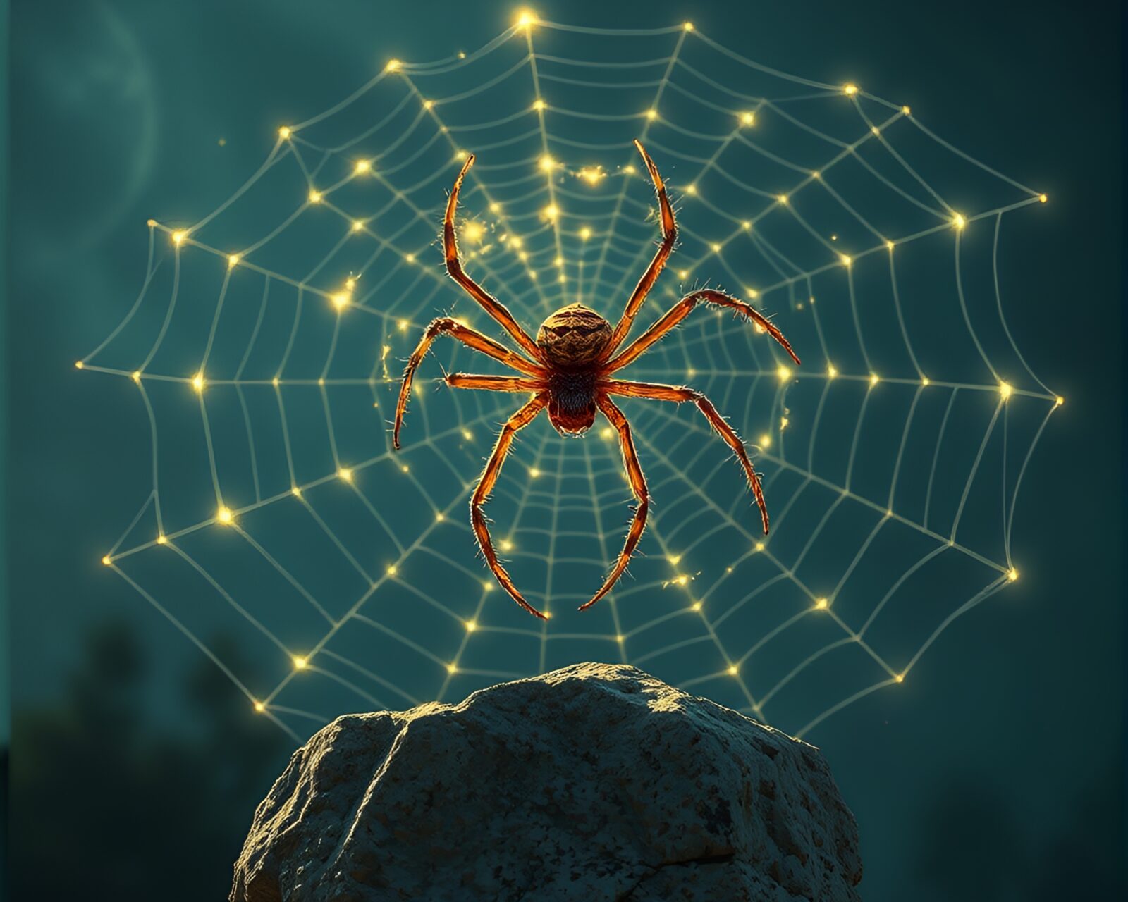 Enchanting spider spinning glowing quantum entanglement web on ancient monument