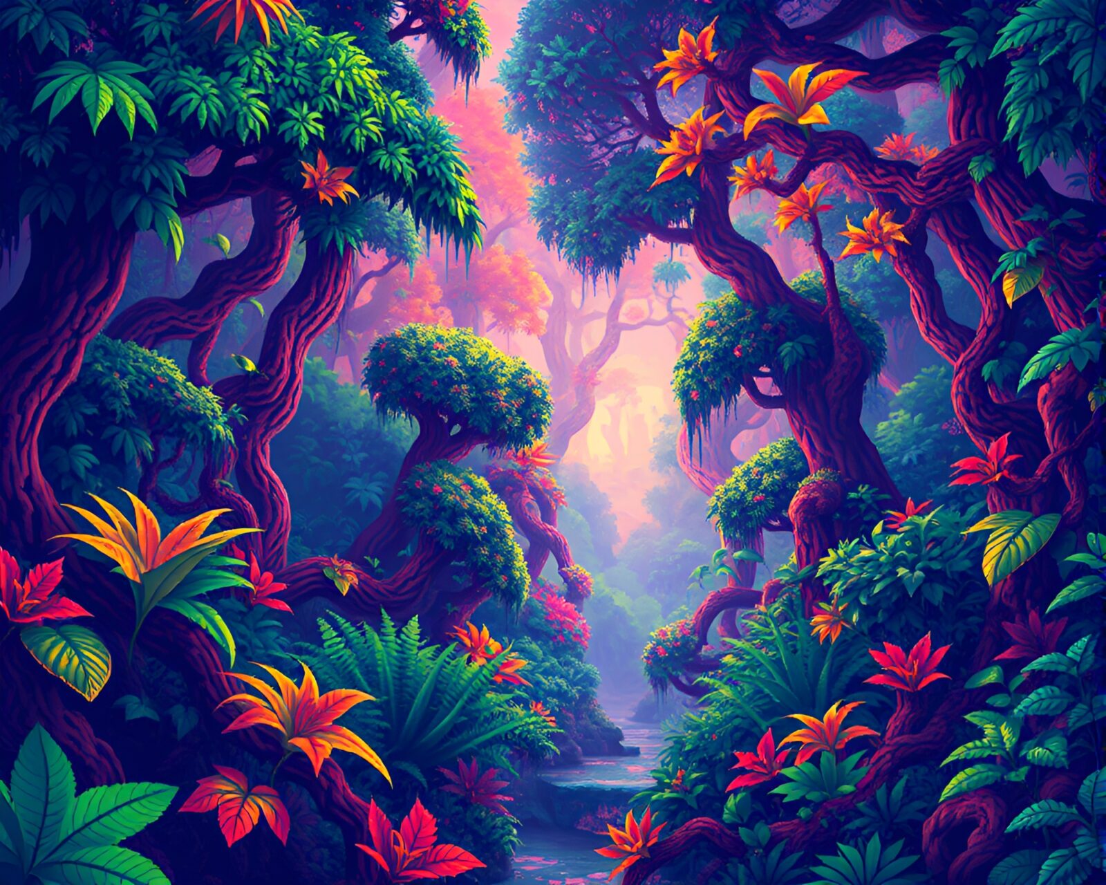 Vibrant and surreal pixel art jungle scene
