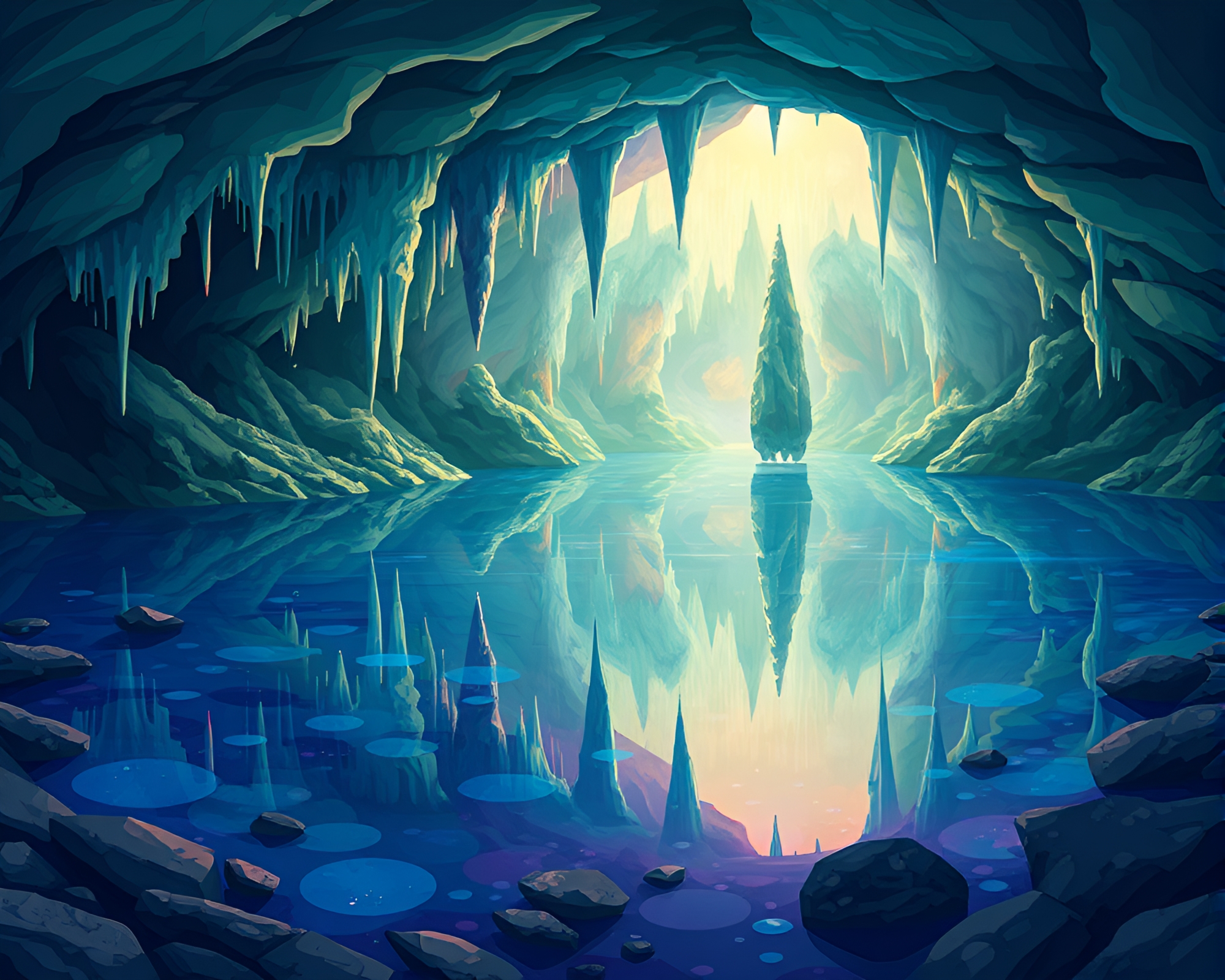 Ethereal Crystal Lake in Subterranean Cave – free AI stock image