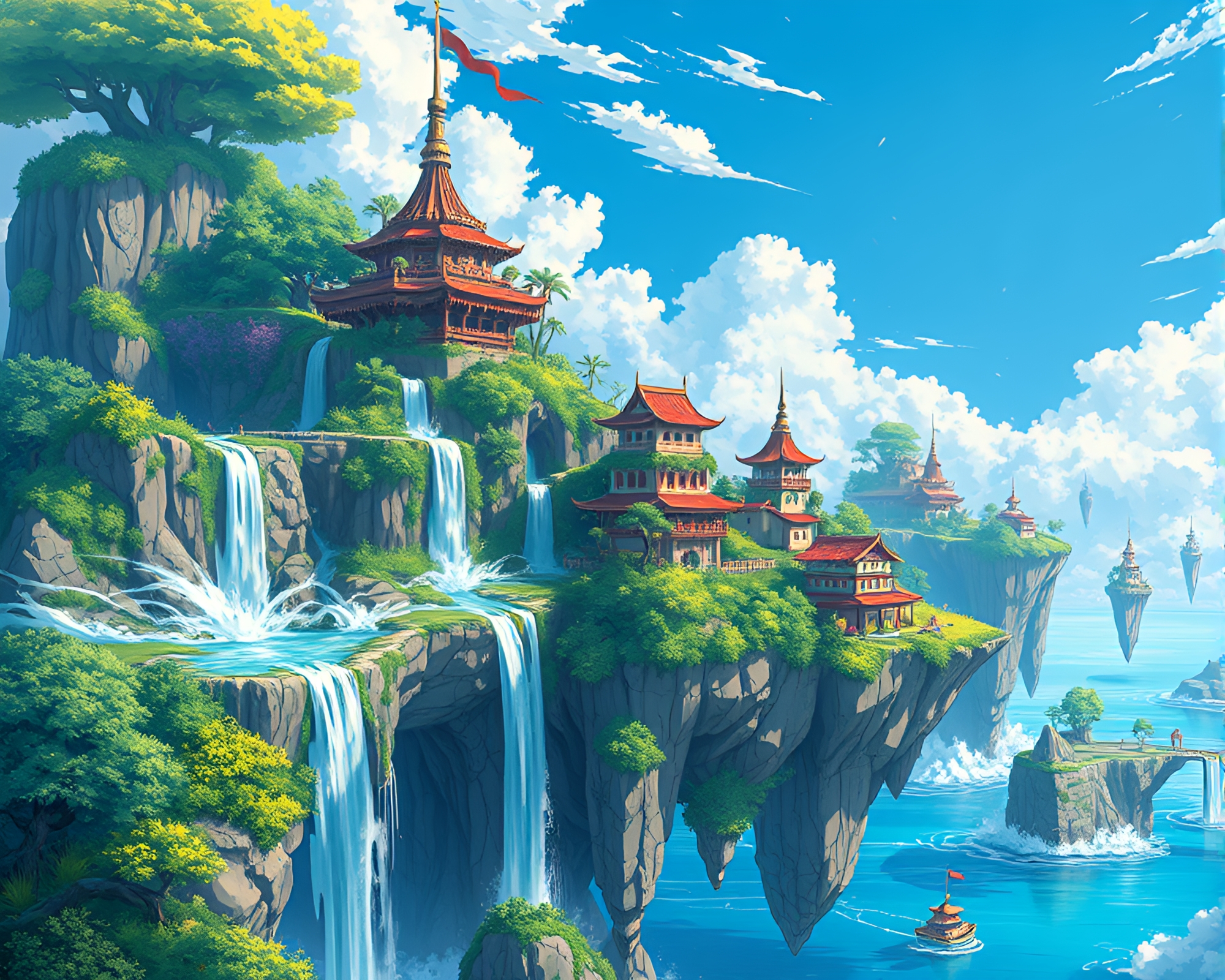 Lush Windswept Anime Floating Island Archipelago Paradise – free AI stock image