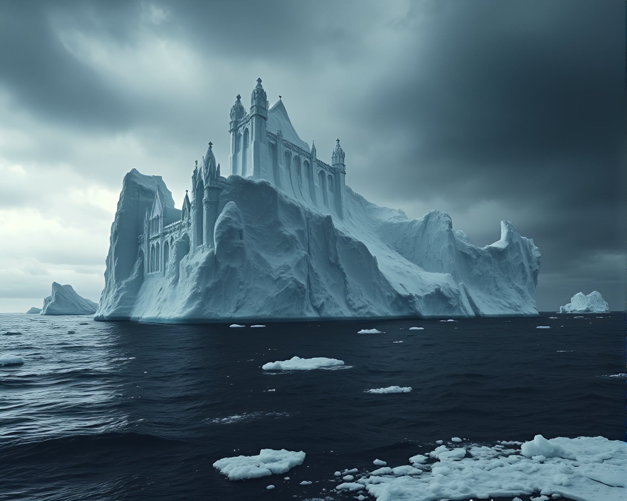 Massive Iceberg Cathedral Drifting Through Dystopian Seascape – free AI stock image