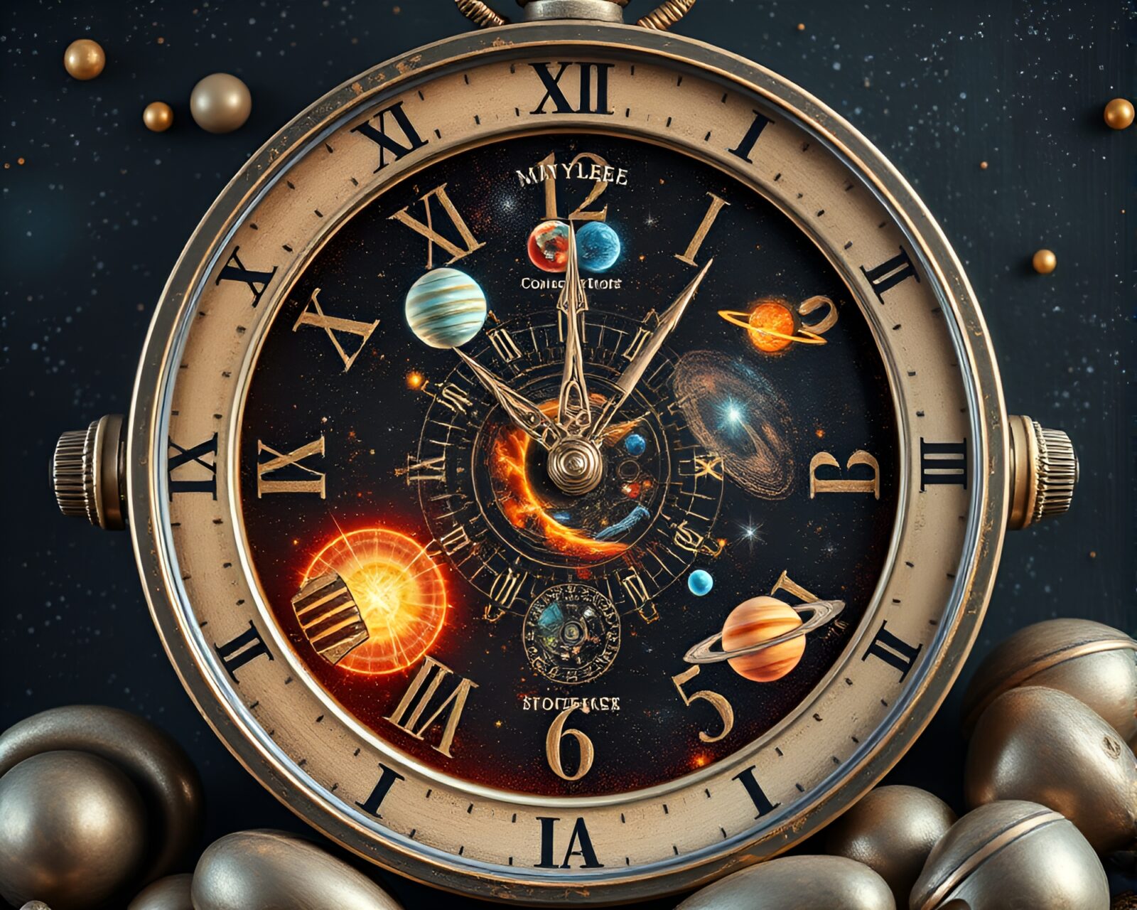 Intricate cosmic clock with celestial motifs on rustic face