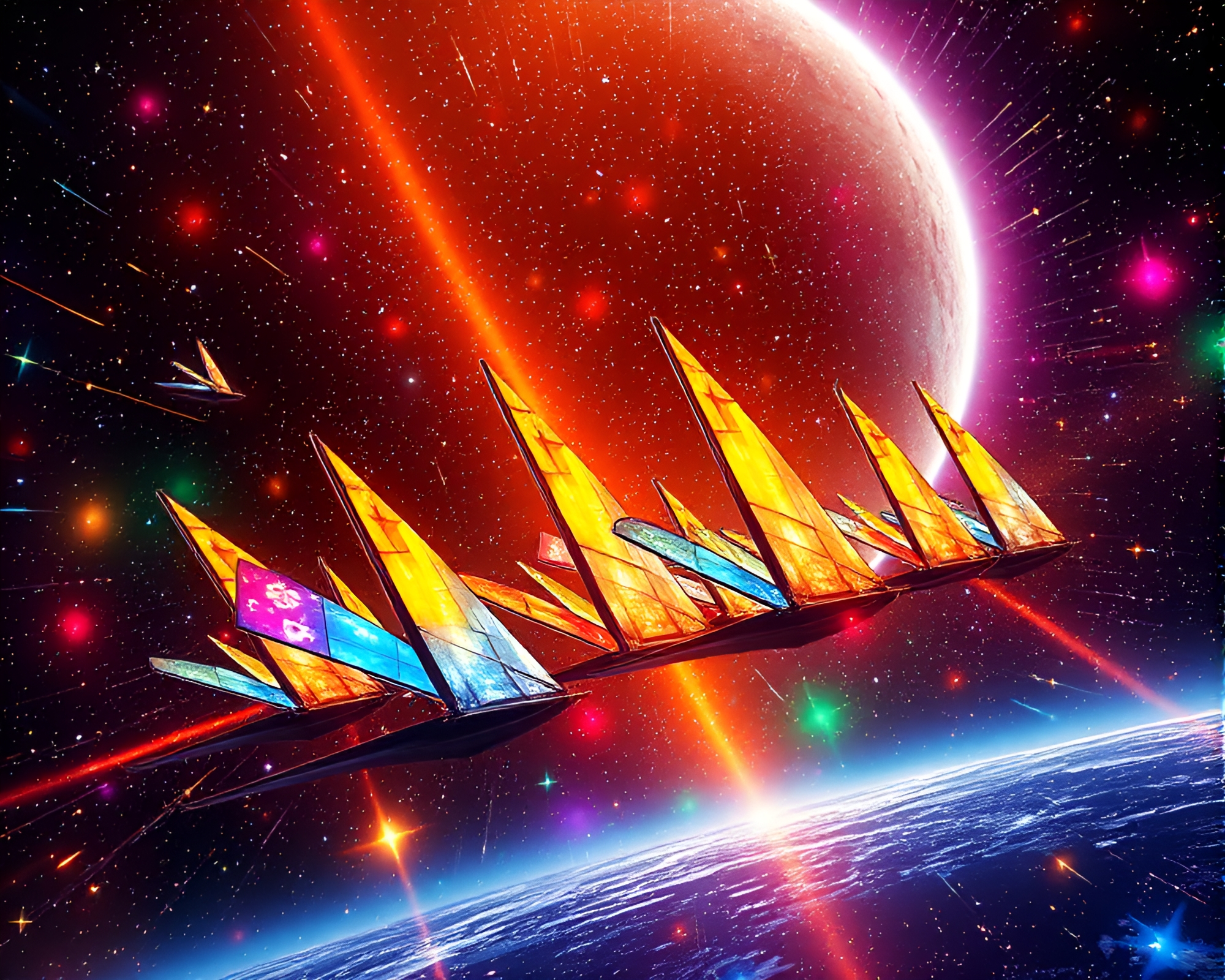Vibrant Solar Sail Fleet Glides Through Futuristic Space – free AI stock image