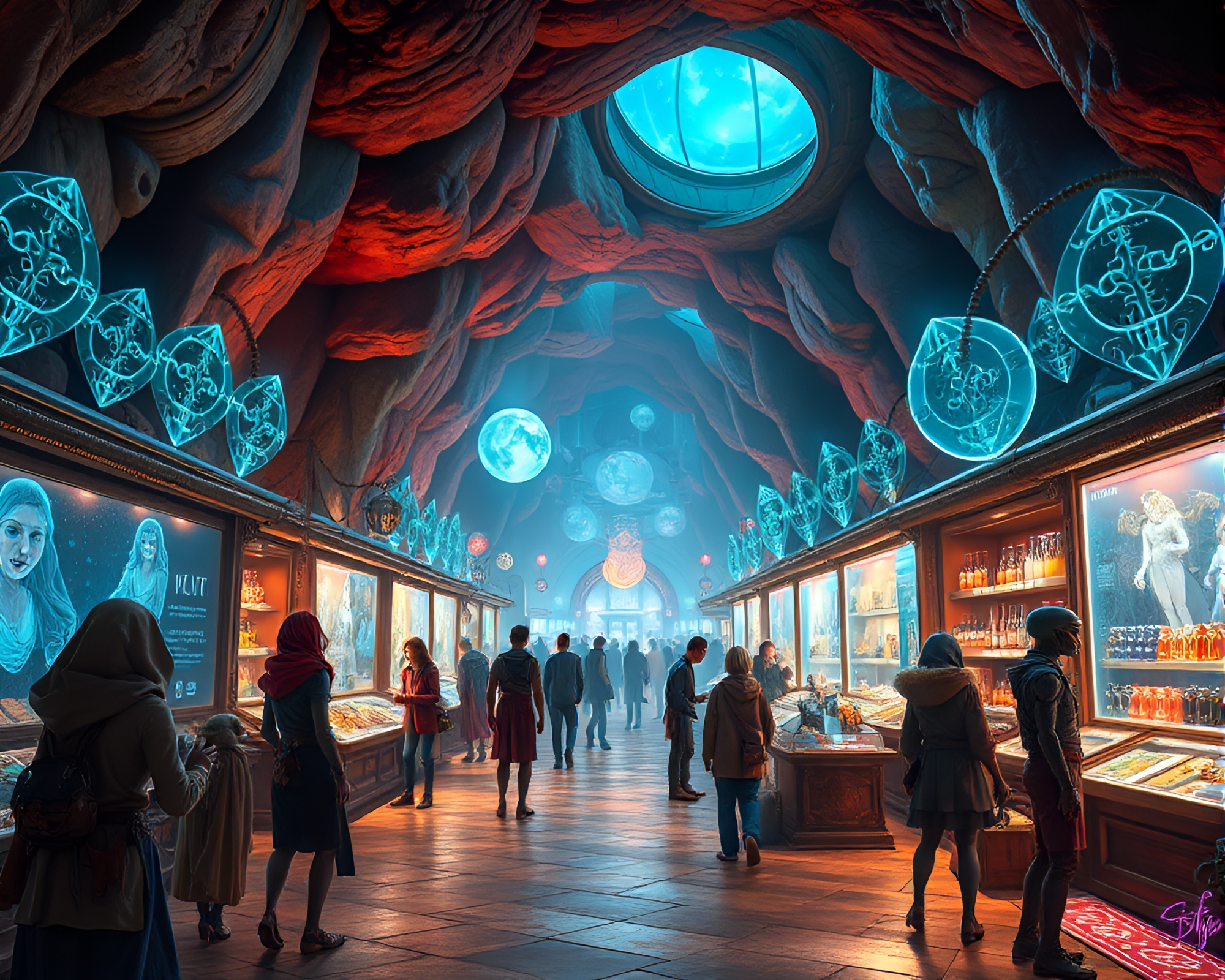 Captivating Holographic Bazaar in Subterranean World – free AI stock image