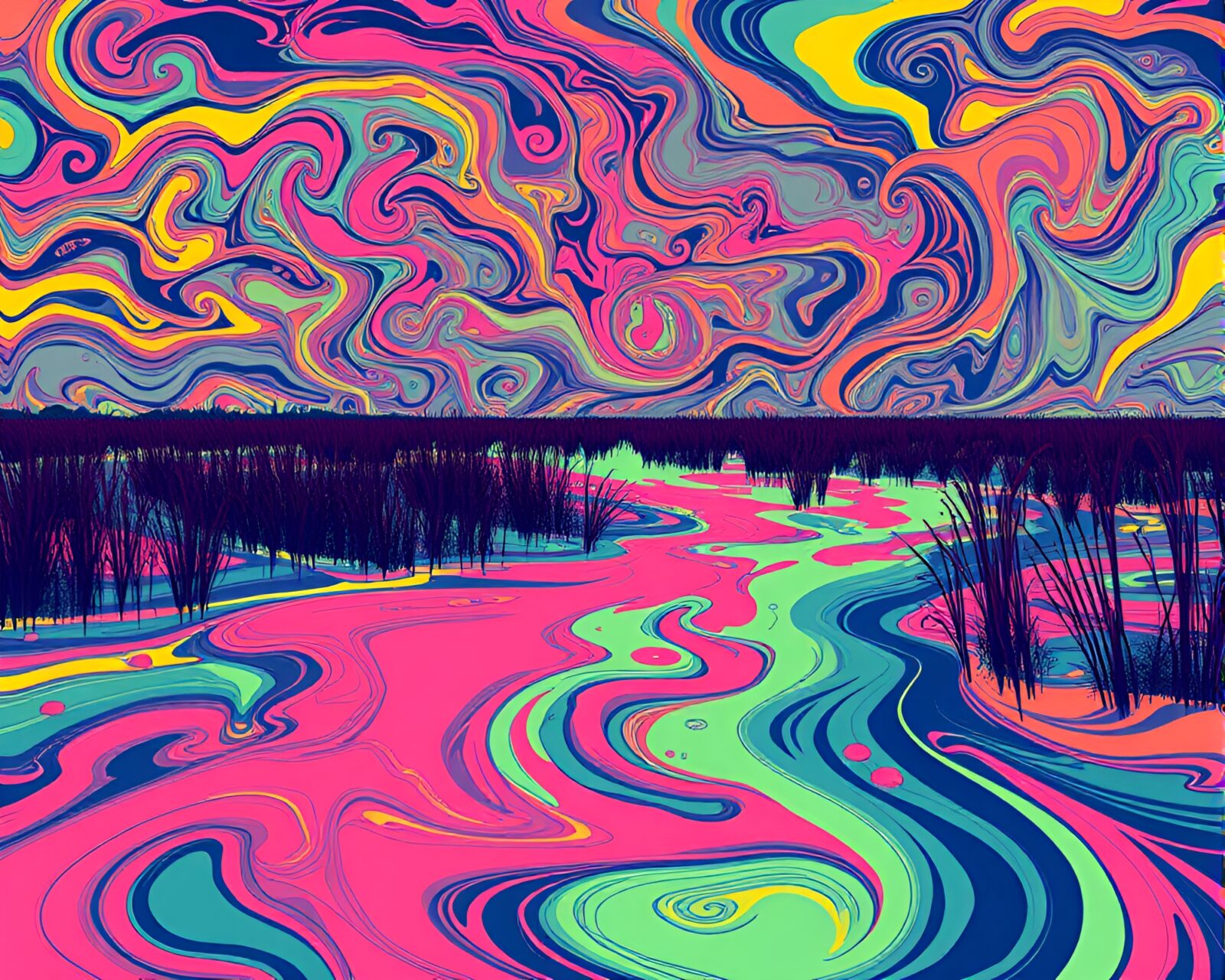 Vibrant, abstract depiction of a phantasmal marsh landscape