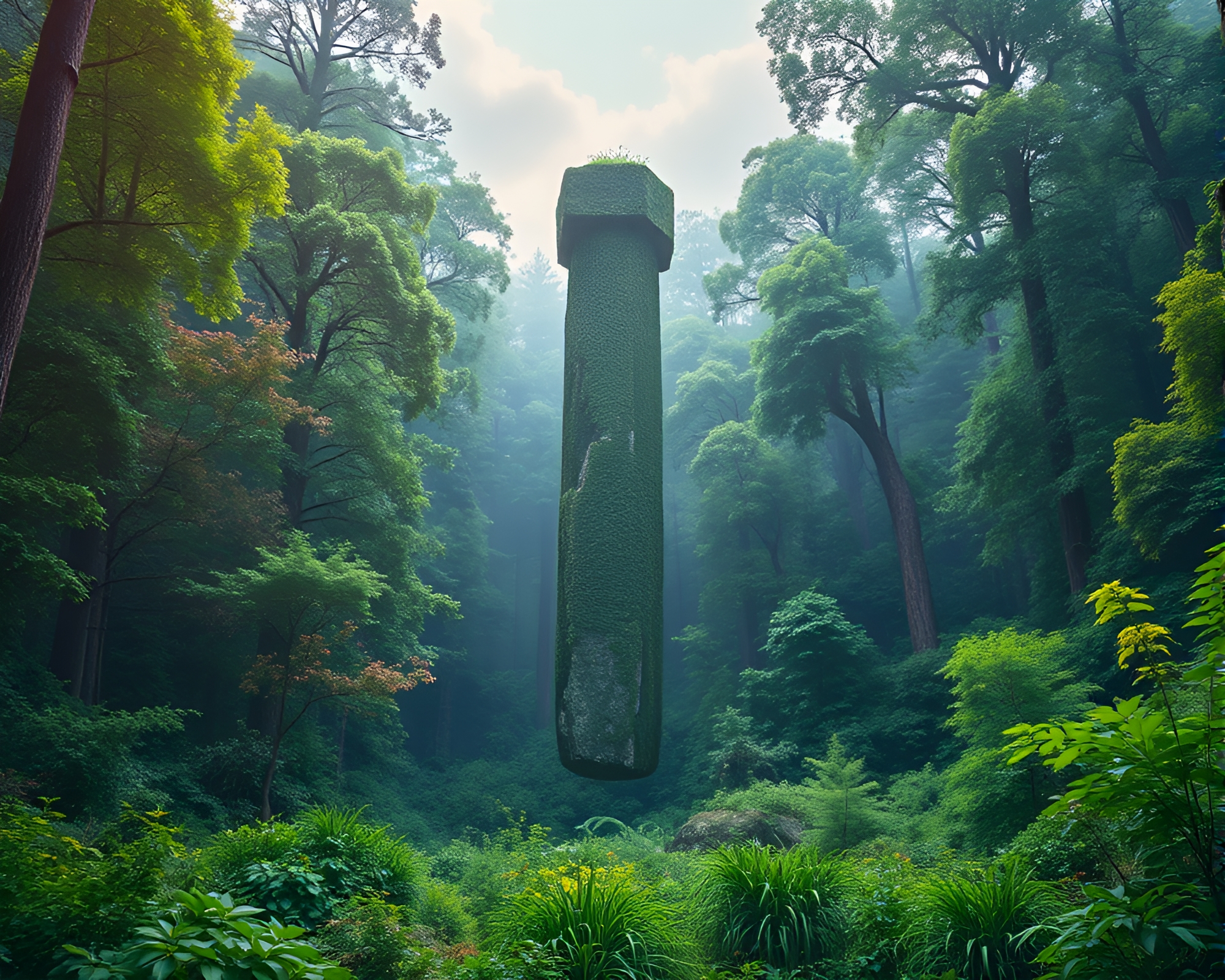 Fantastical Forest: Surreal Monolithic Pillars in Lush Canopy – free AI stock image