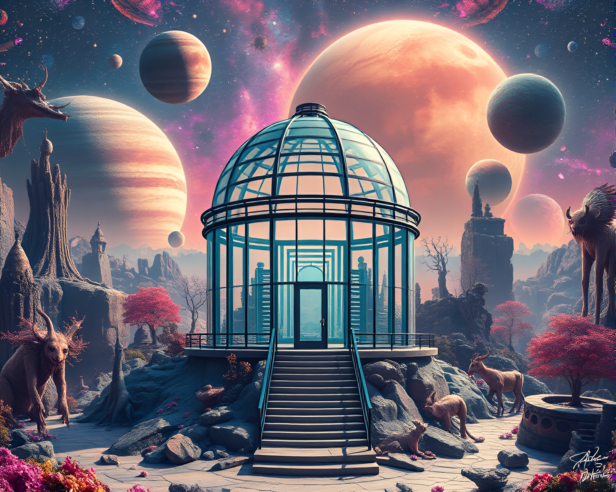 Surreal Glass Observatory Among Exotic Otherworldly Landscapes – free AI stock image
