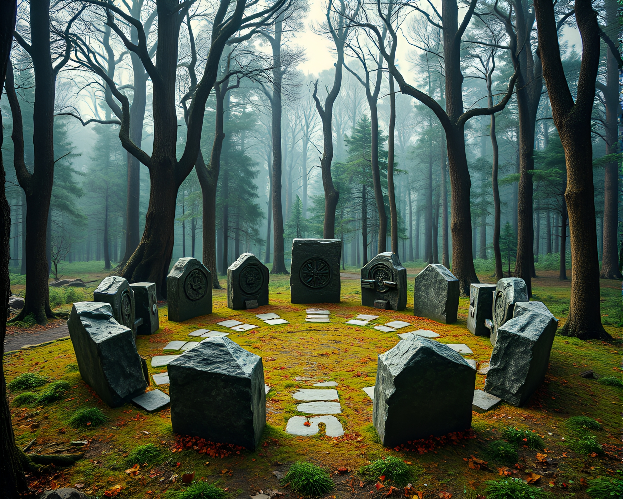 Enchanting Druidic Stone Circle in Surreal Forest Clearing – free AI stock image