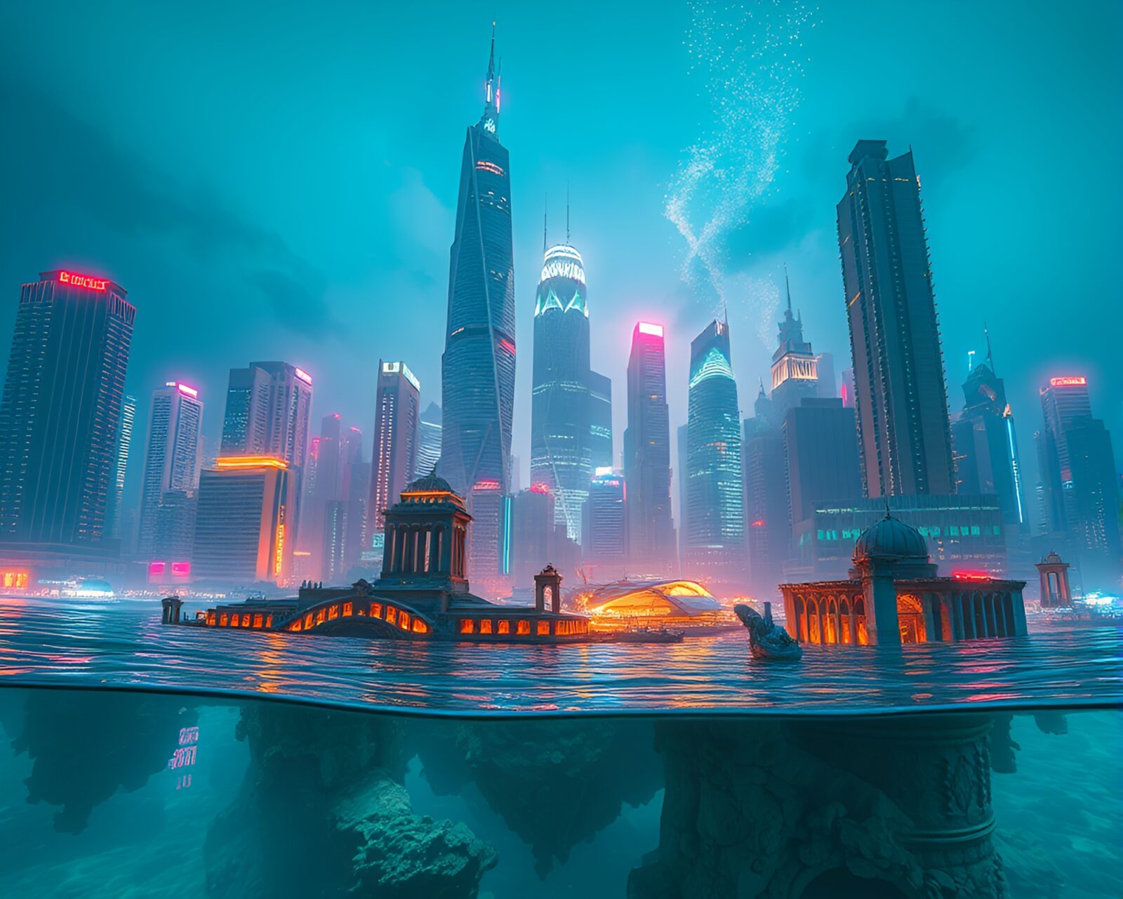 Vibrant neon-lit underwater cityscape with ancient ruins