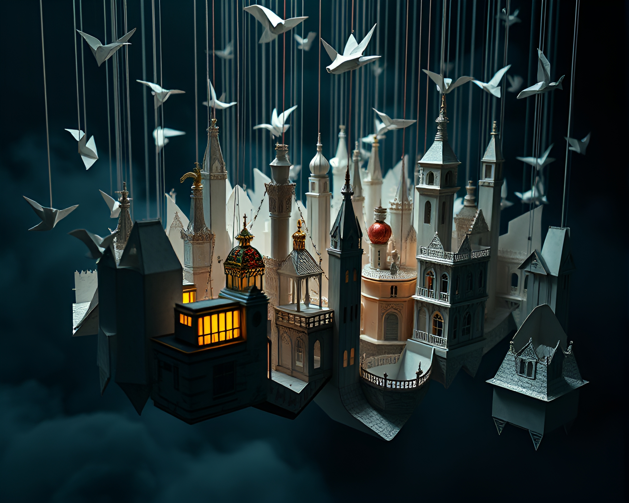 Enchanting Origami City Suspended in Air – free AI stock image