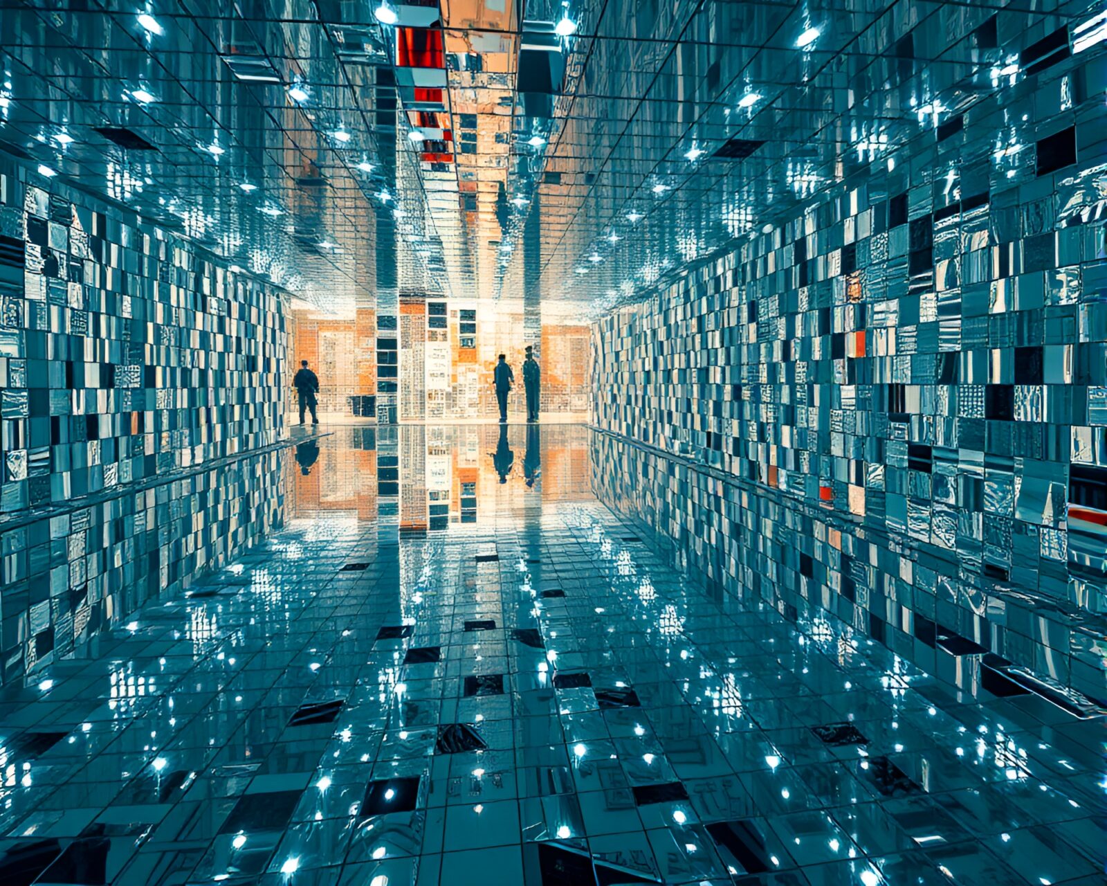 Intricate tile work in mirror labyrinth reflecting light and patterns