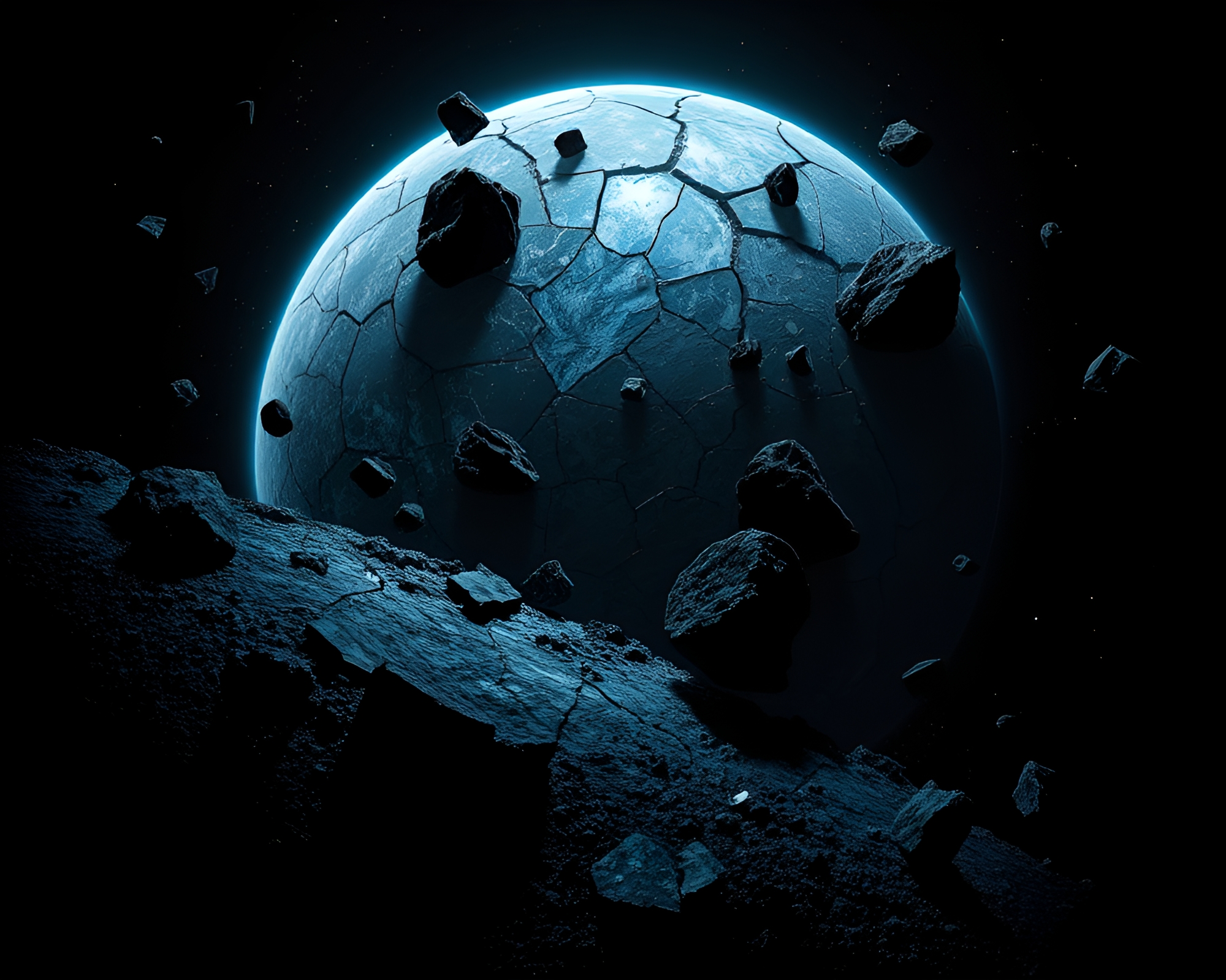 Shattered Planet Surface Illuminated by Noir-style Lighting – free AI stock image
