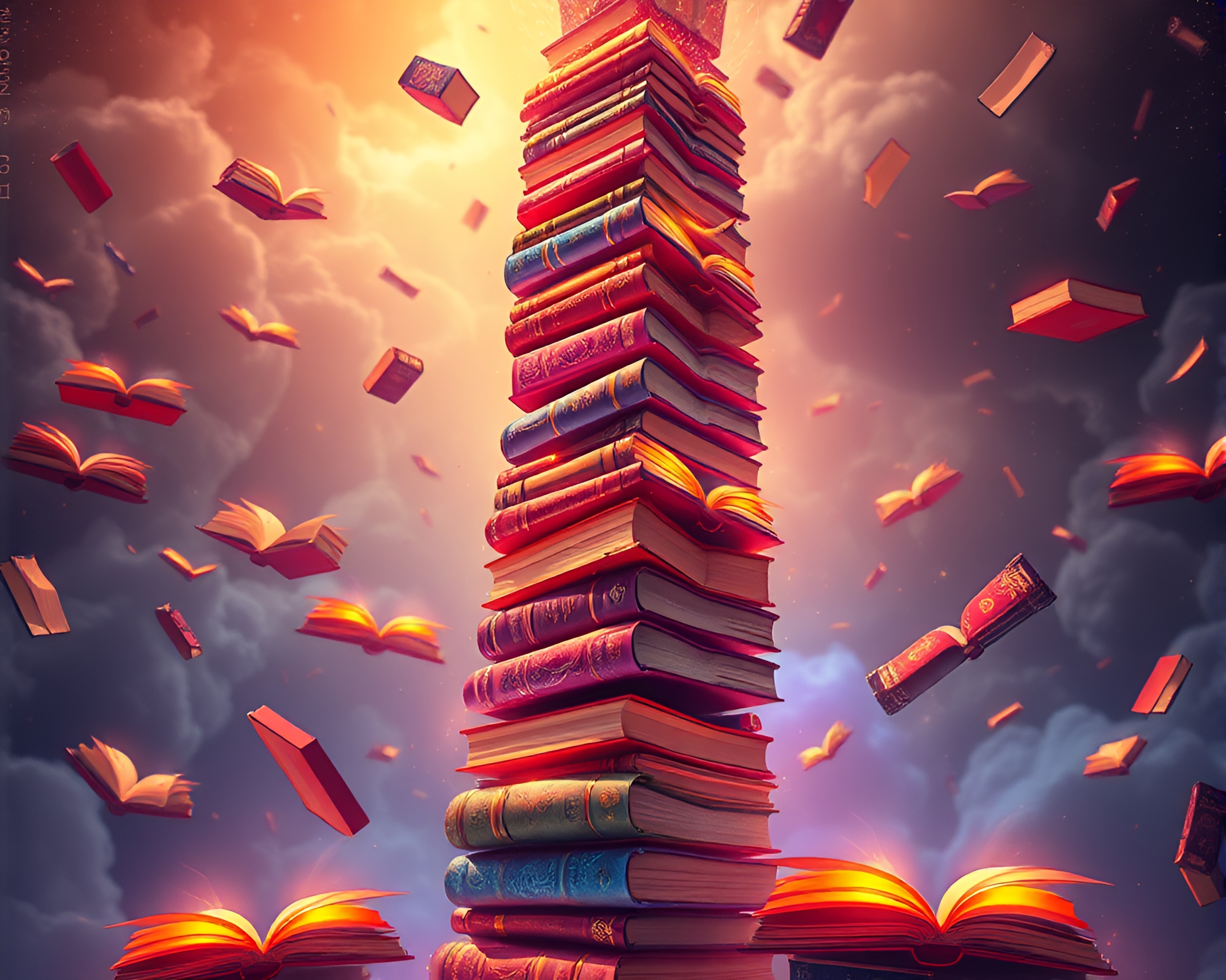 Intricate Tower of Floating Books: Surreal Vector Illustration – free AI stock image