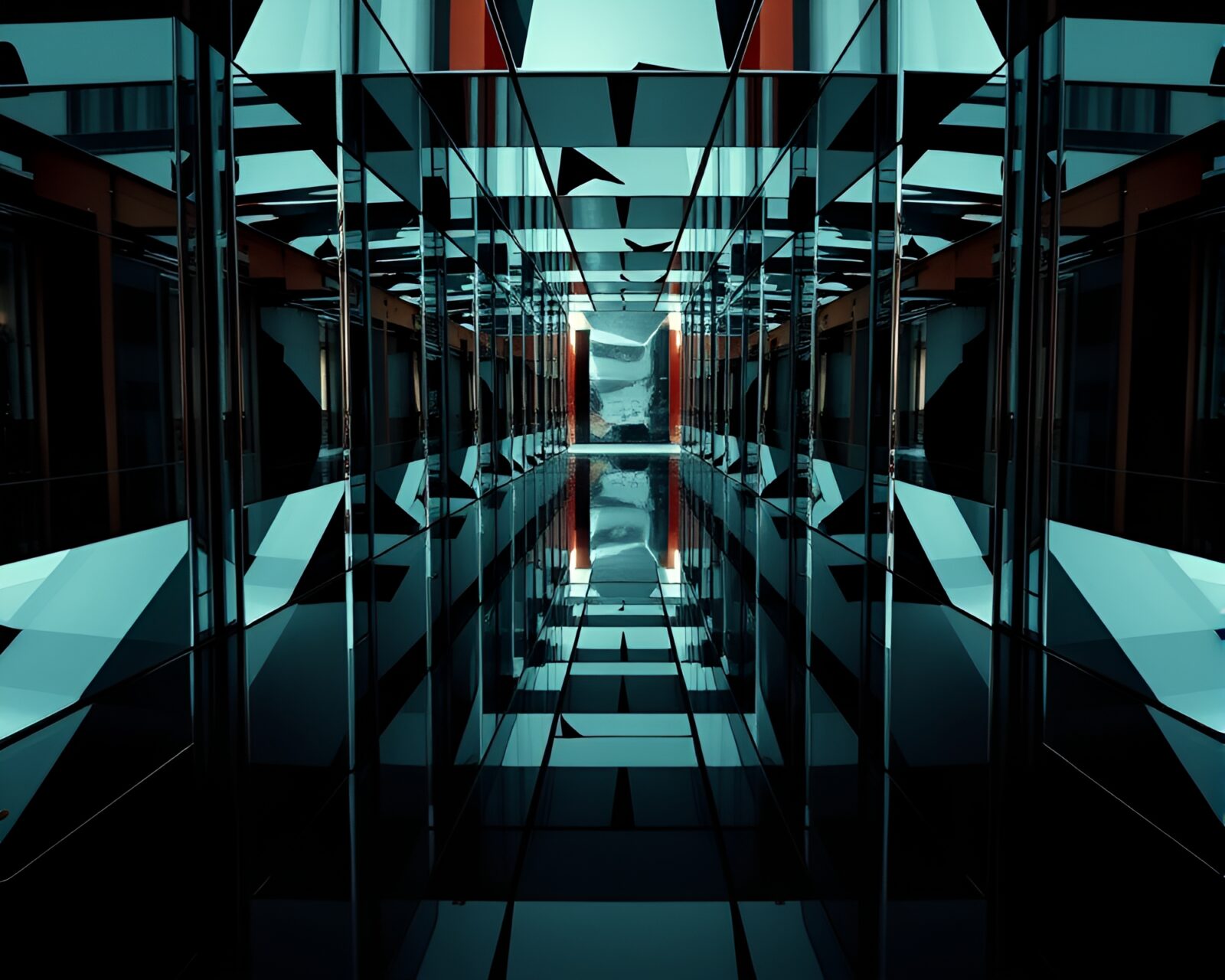 Reflected and distorted geometric shapes in a maze of mirrors.