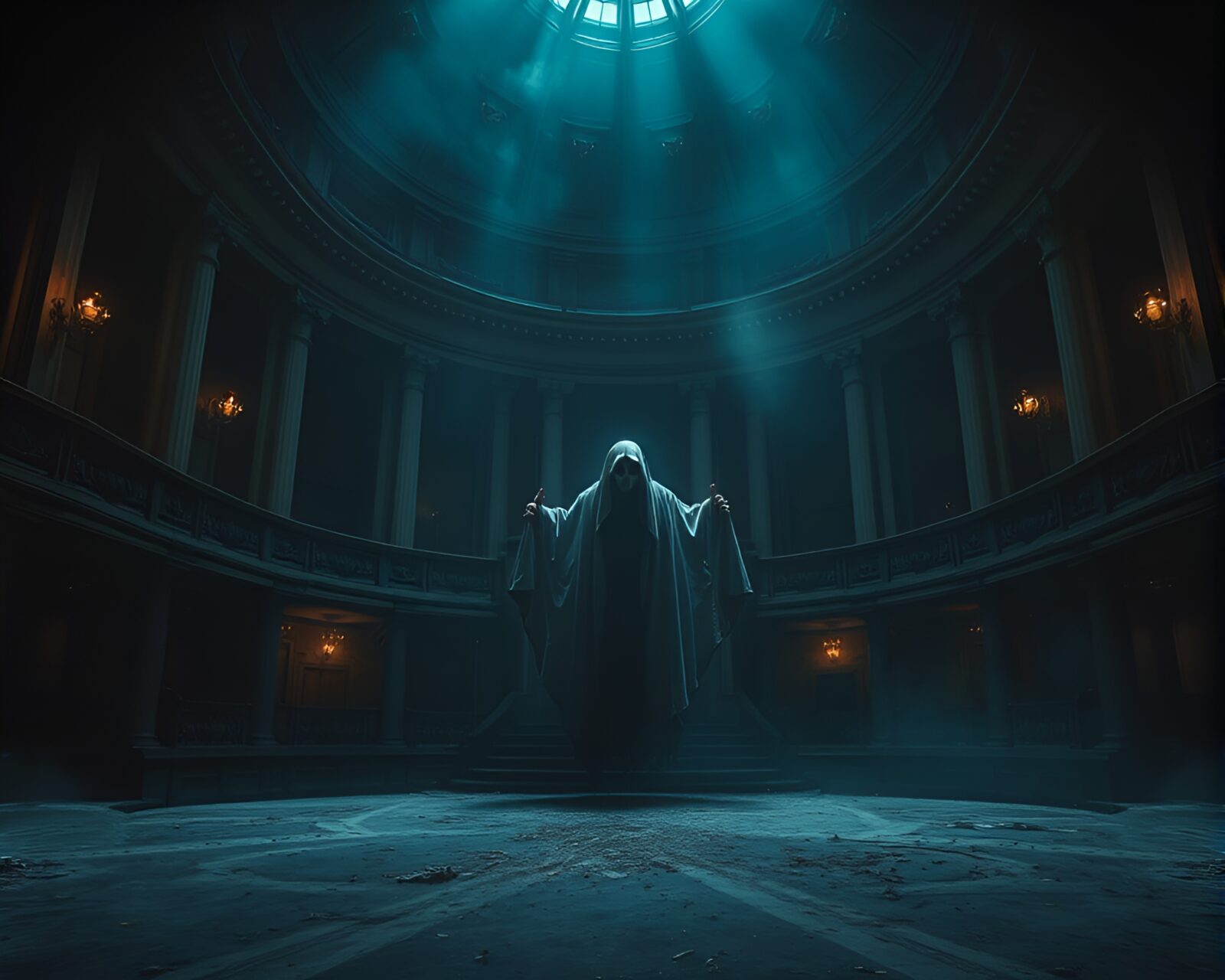 Detailed depiction of phantom in decaying opera house