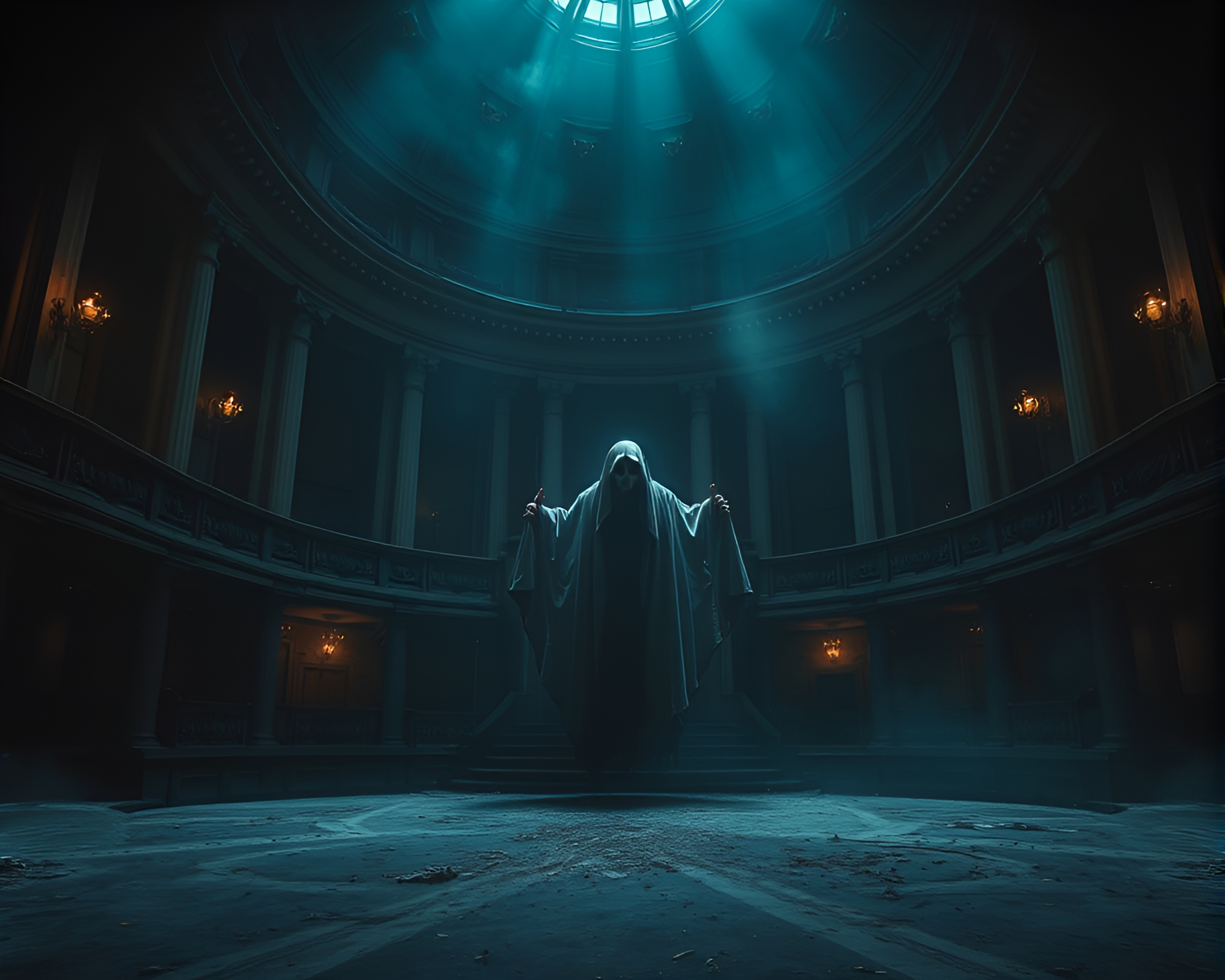 Eerie Phantom Haunting Abandoned Opera House Shadows – free AI stock image