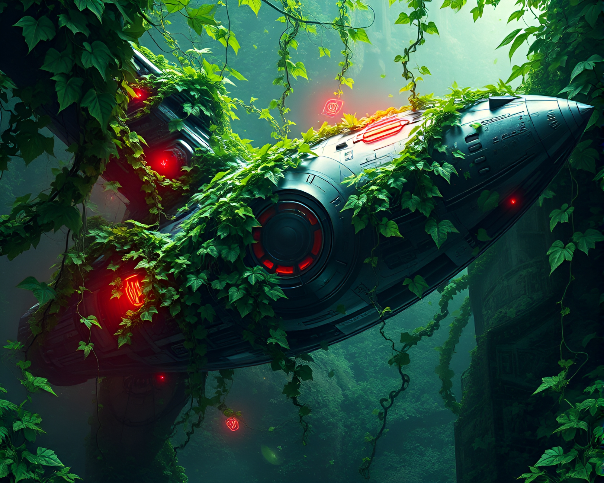 Ethereal Fusion: Spaceship Overgrown with Alien Ivy – free AI stock image