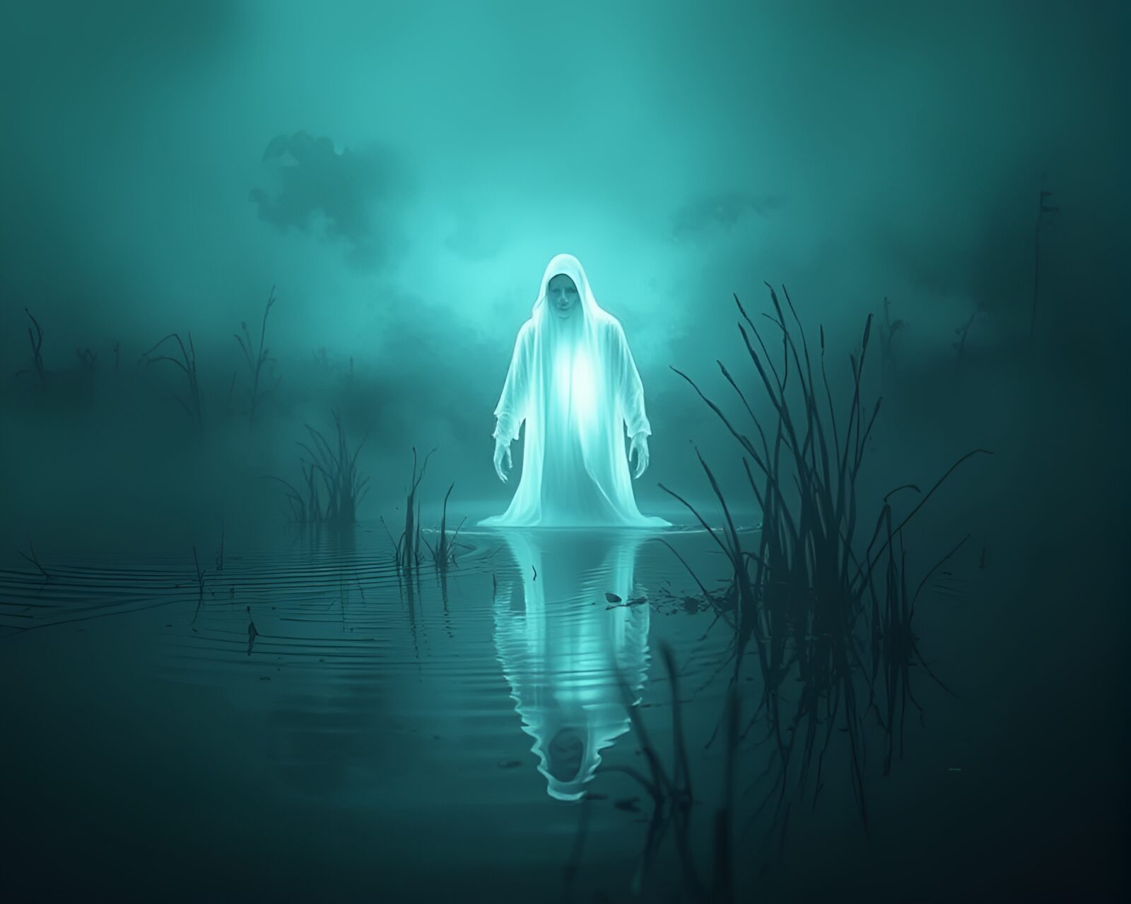 Phantasmal marsh at dusk with eerie ghostly figure staring