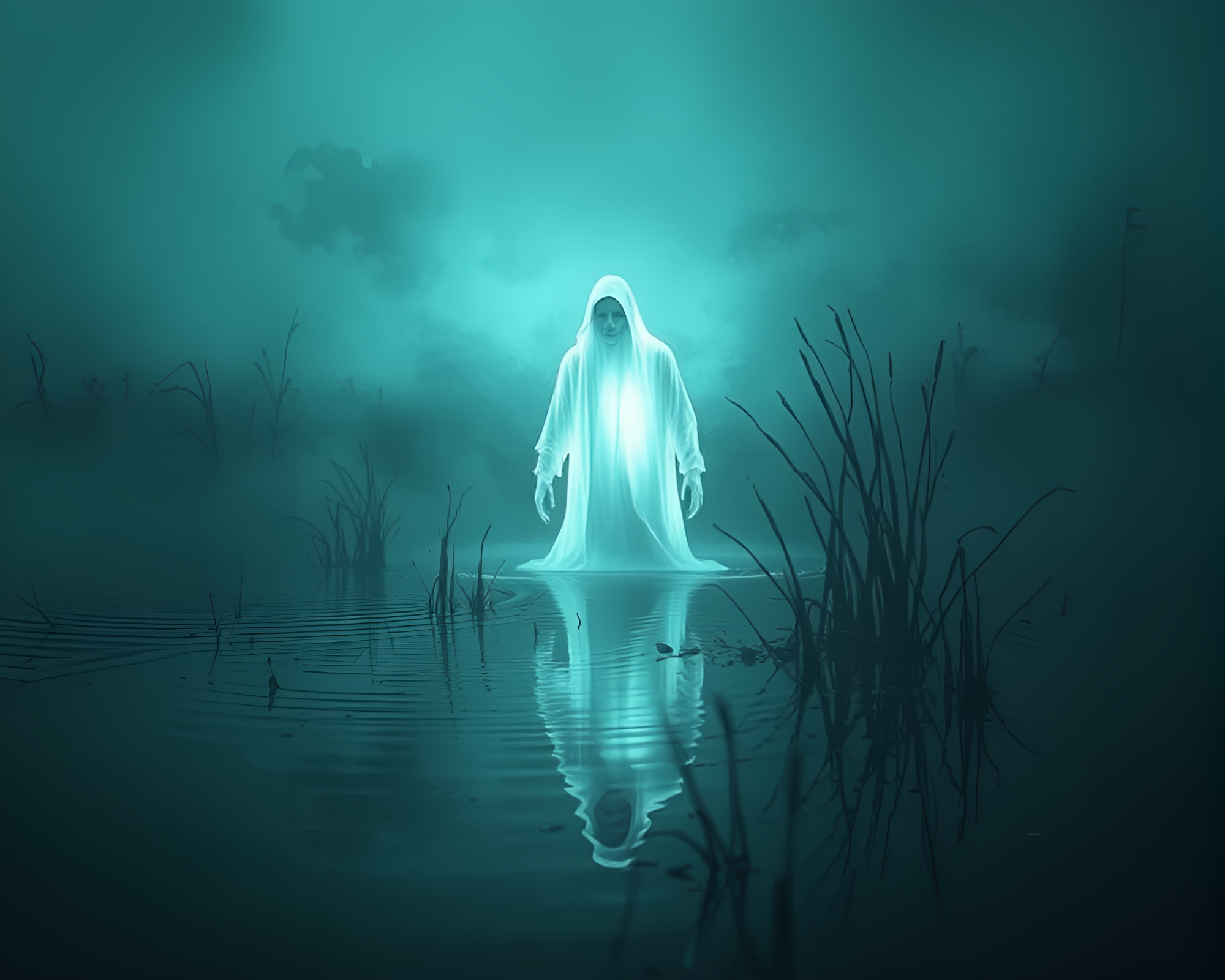 Ethereal Ghostly Figure Haunts Dusk Marsh Scene – free AI stock image