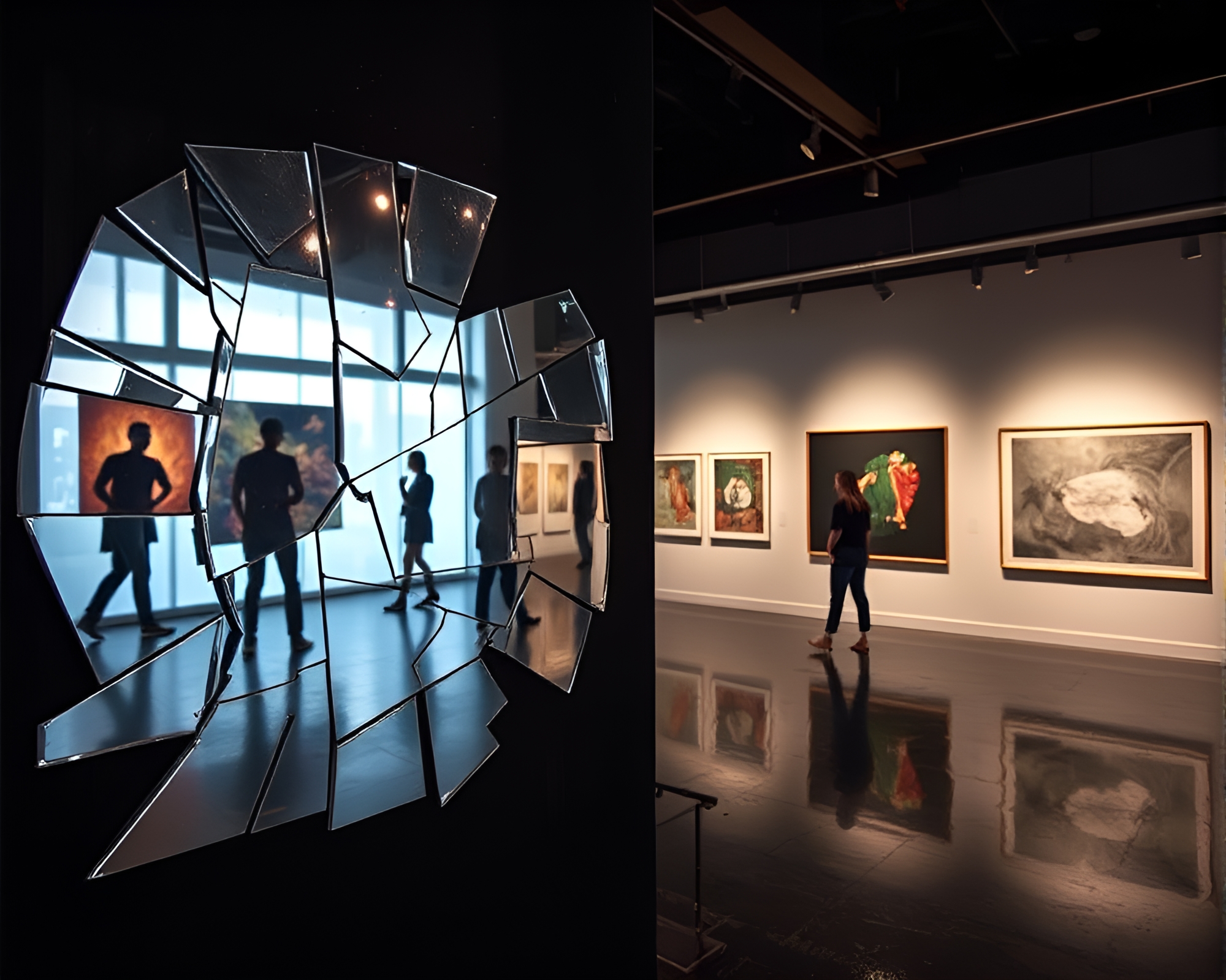 Shattered Mirror Reflections in Contemporary Art Gallery – free AI stock image