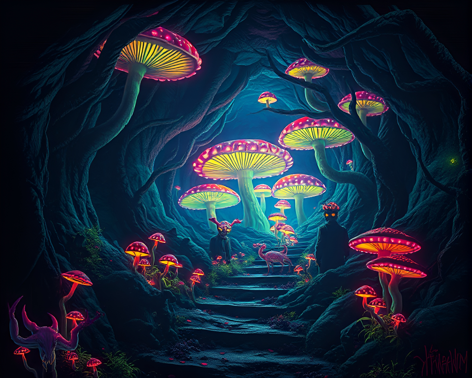Mystical Subterranean Fungus Forest Glows in Glitch Art – free AI stock image