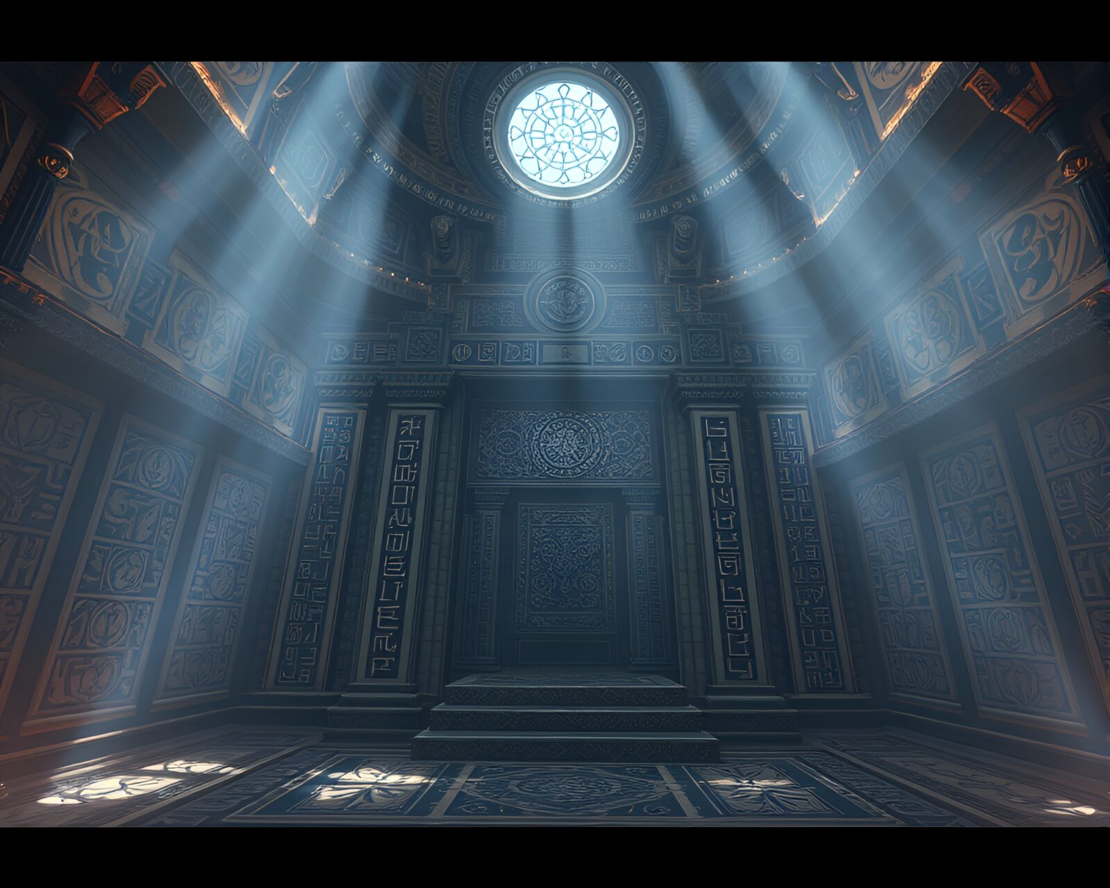 Ethereal light casting shadows on sacred walls covered in glyphs