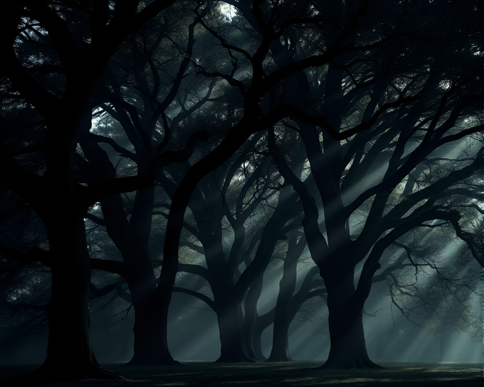 Mysterious forest with twisted trees and ethereal mist
