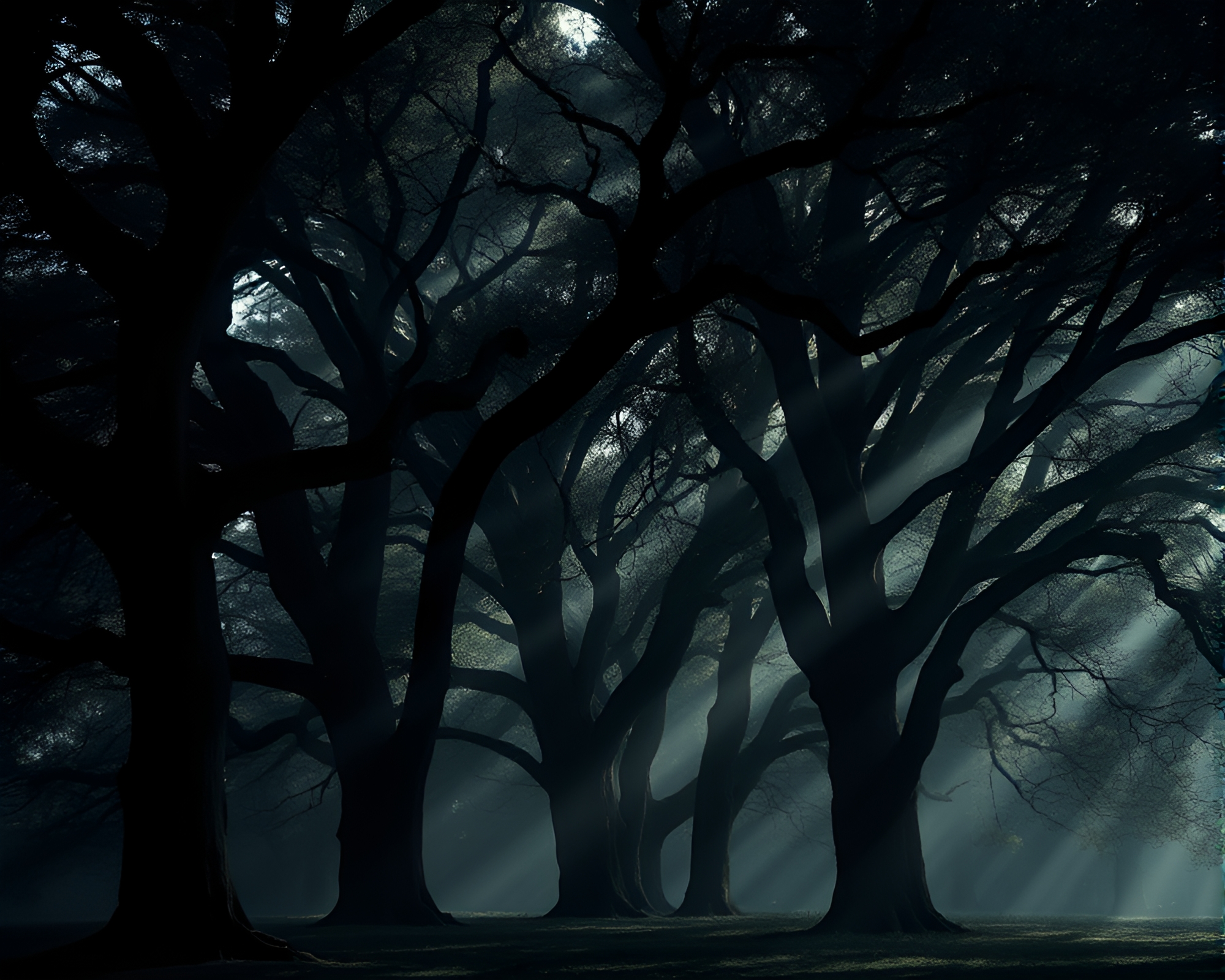 Eerie Spectral Oak Forest with Haunting Shadows – free AI stock image