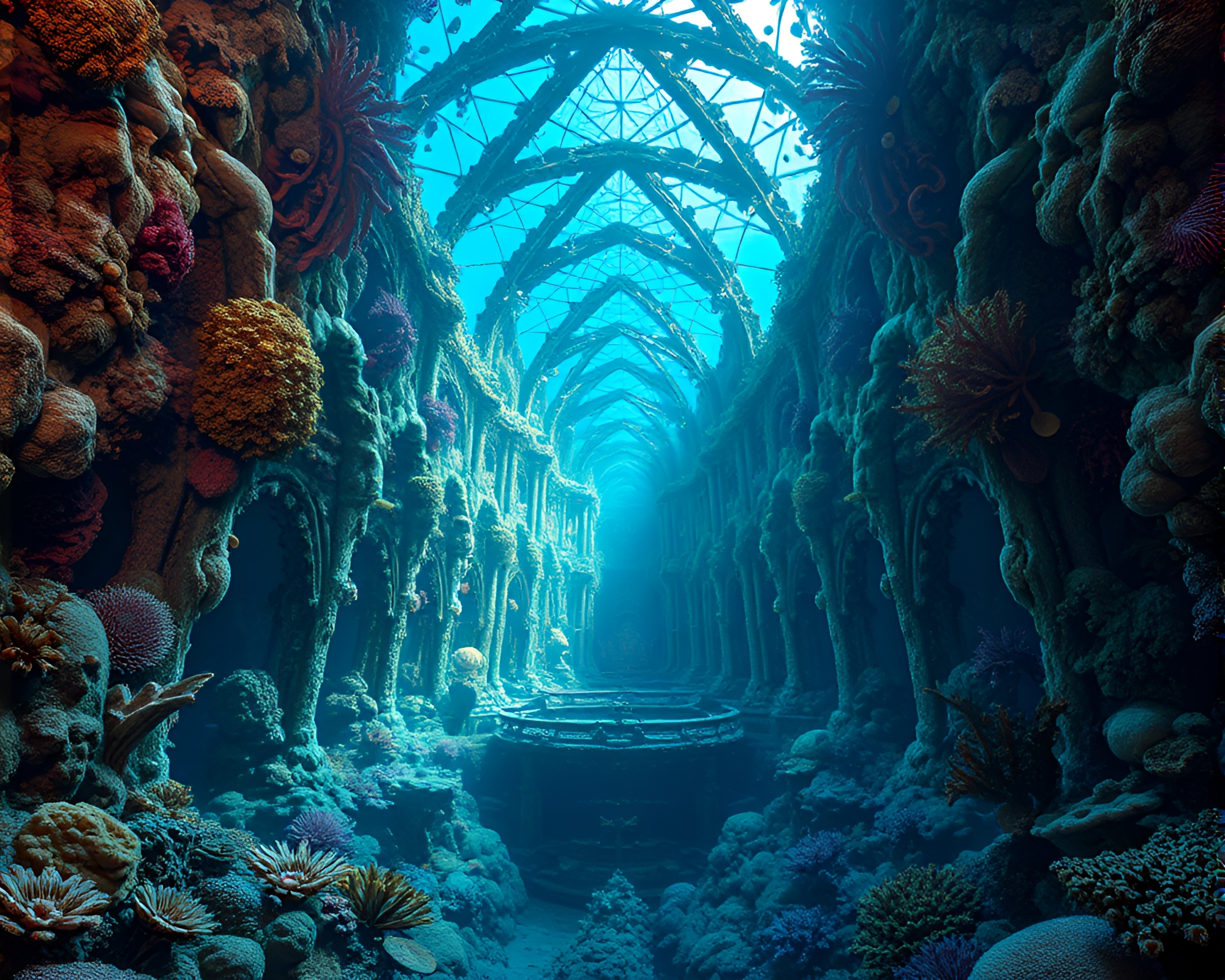 Ethereal Undersea Cathedral with Coral and Stained Glass – free AI stock image